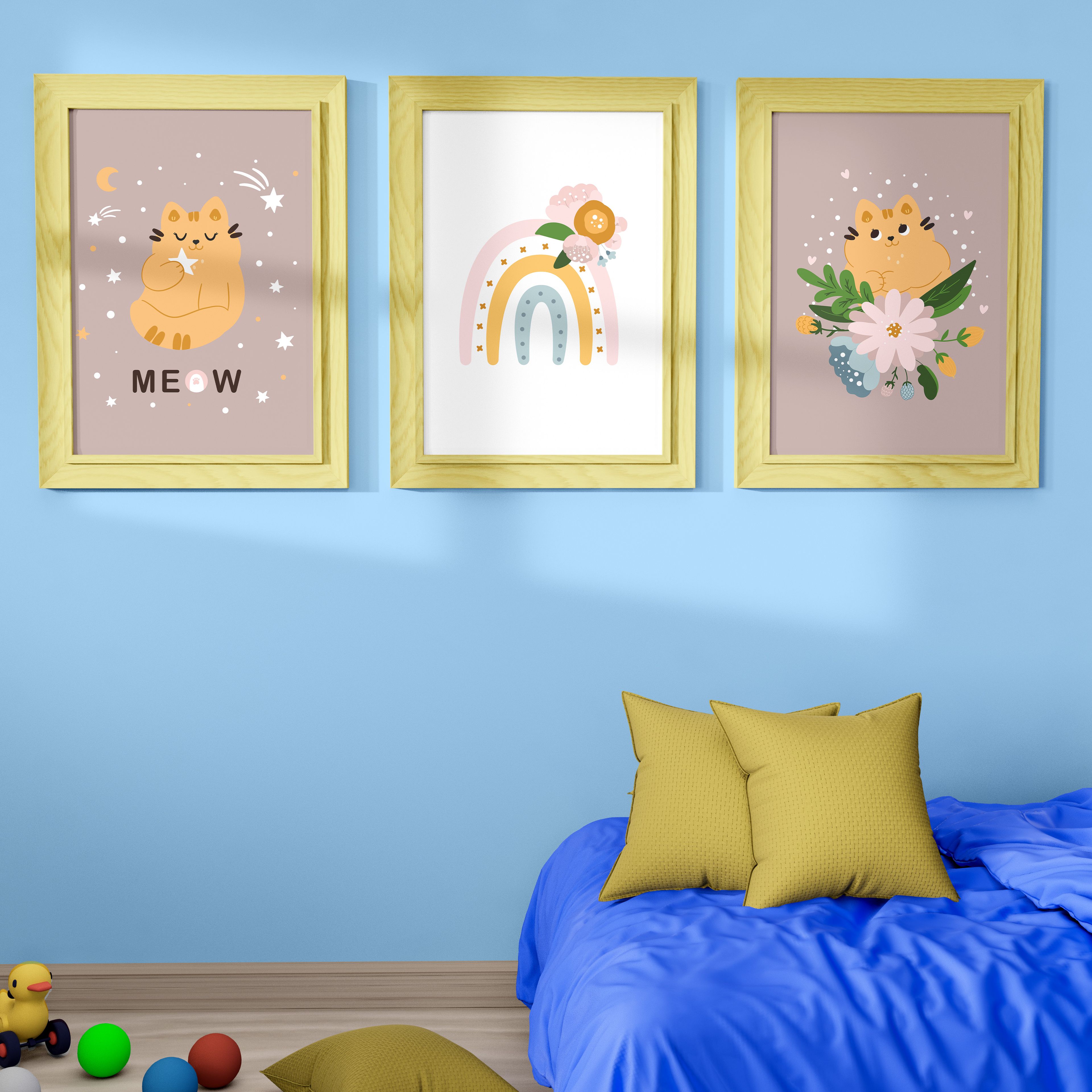 Çocuk Odası Kedi Temalı Üçlü Poster Seti