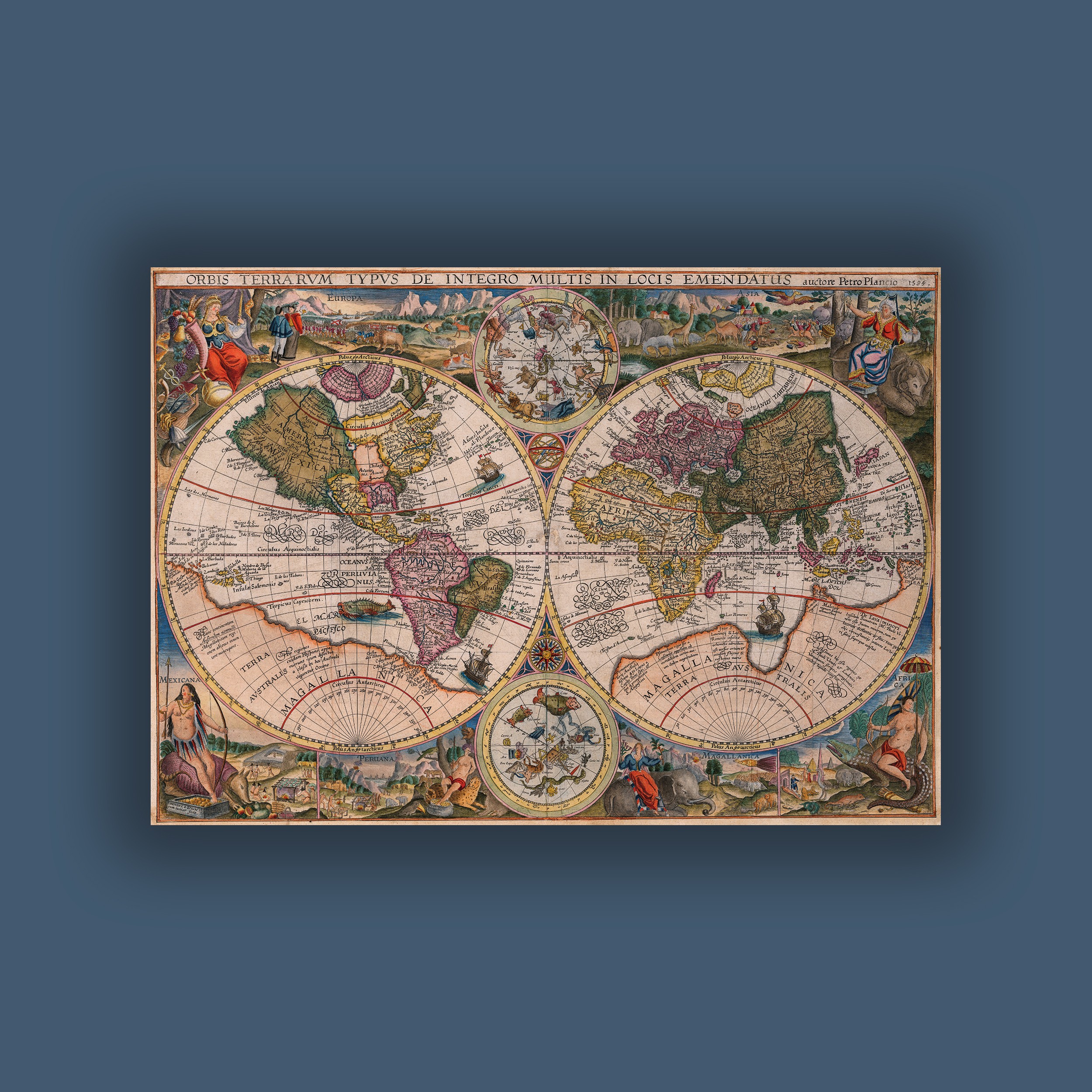 Petrus Plancius - Çift Yarımküre Dünya Haritası (Double Hemisphere World Map - 1594)