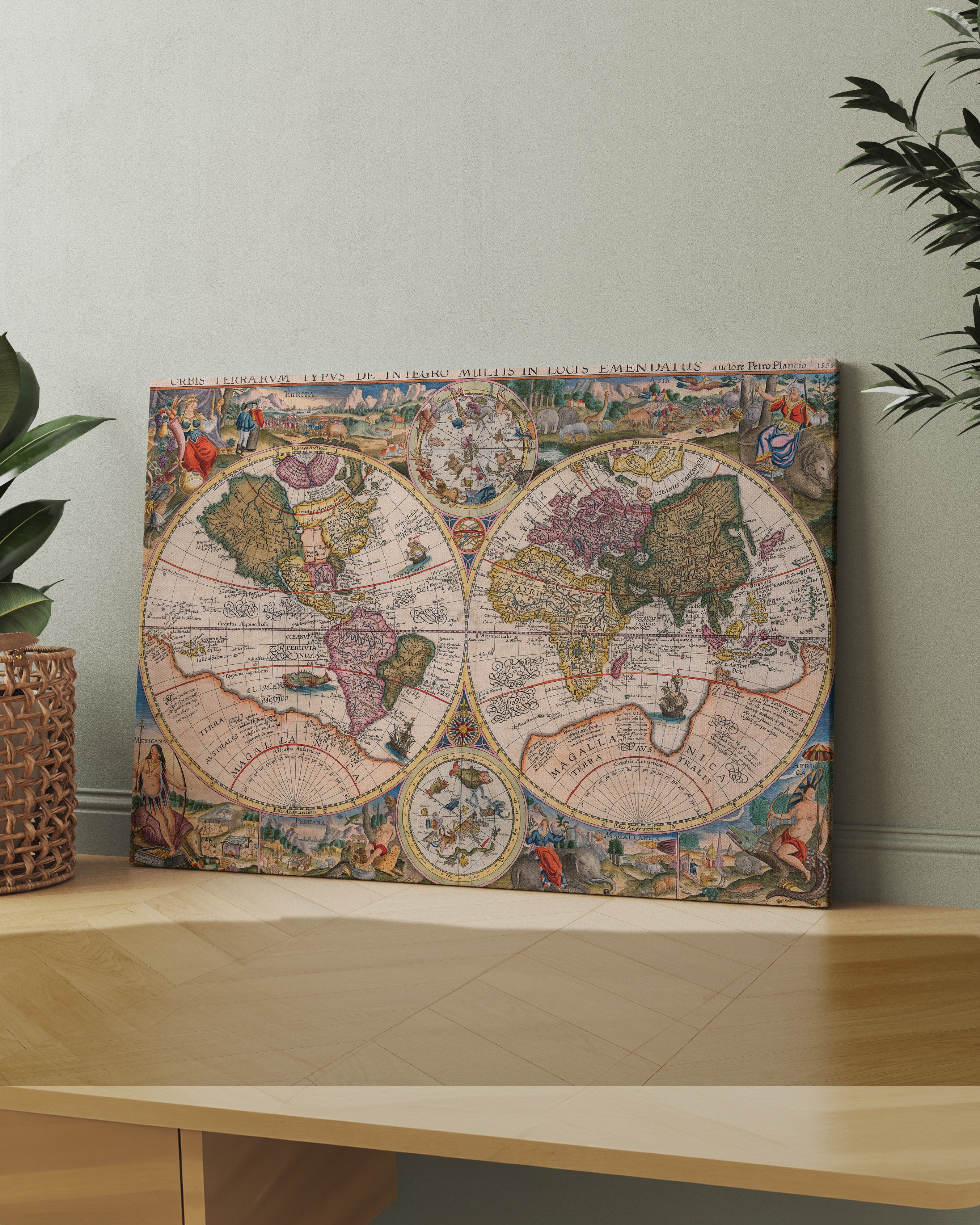 Petrus Plancius - Çift Yarımküre Dünya Haritası Kanvas Tablo (Double Hemisphere World Map - 1594)