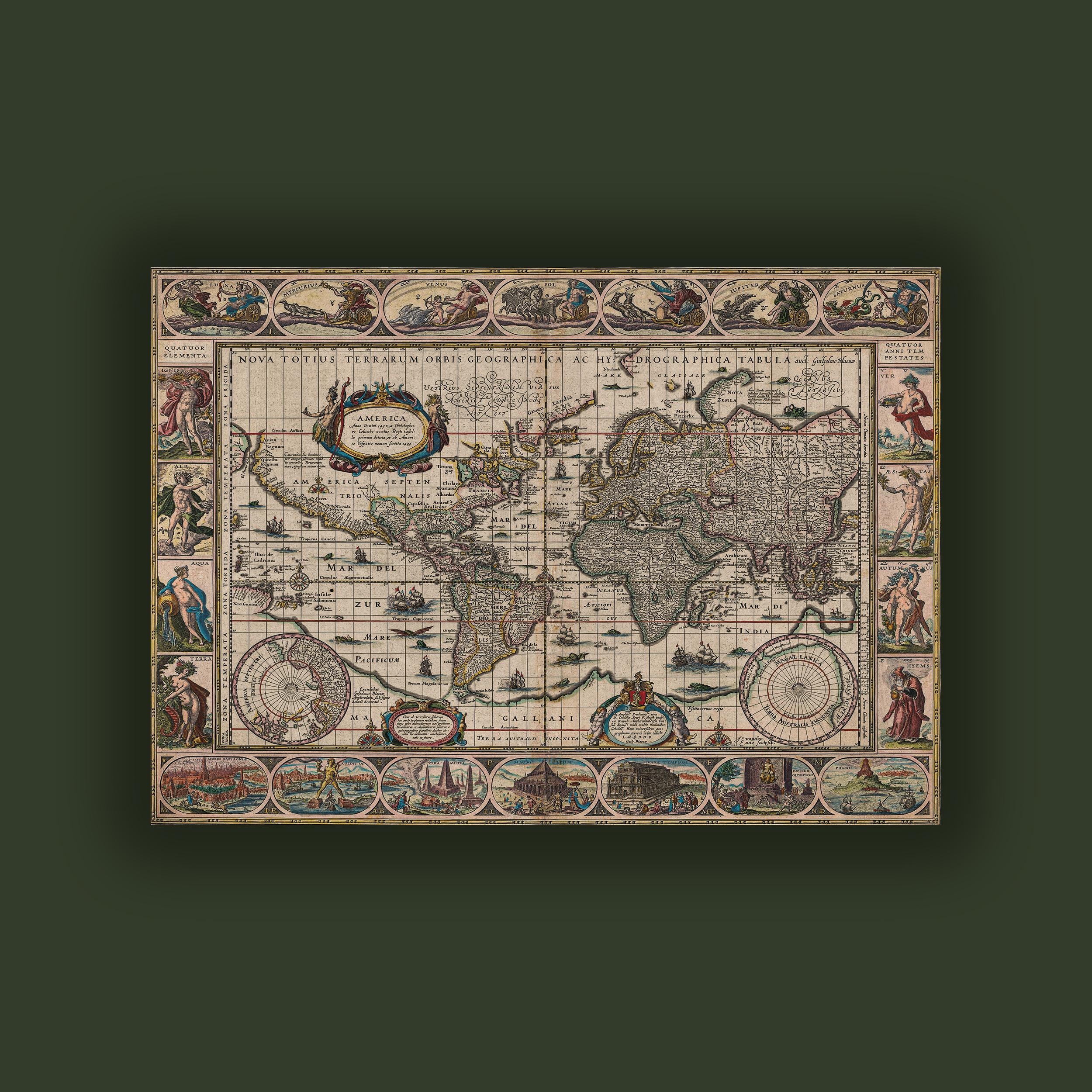 Dekoratif Kenarlıklı Dünya Haritası Posteri - 17. Yüzyıl