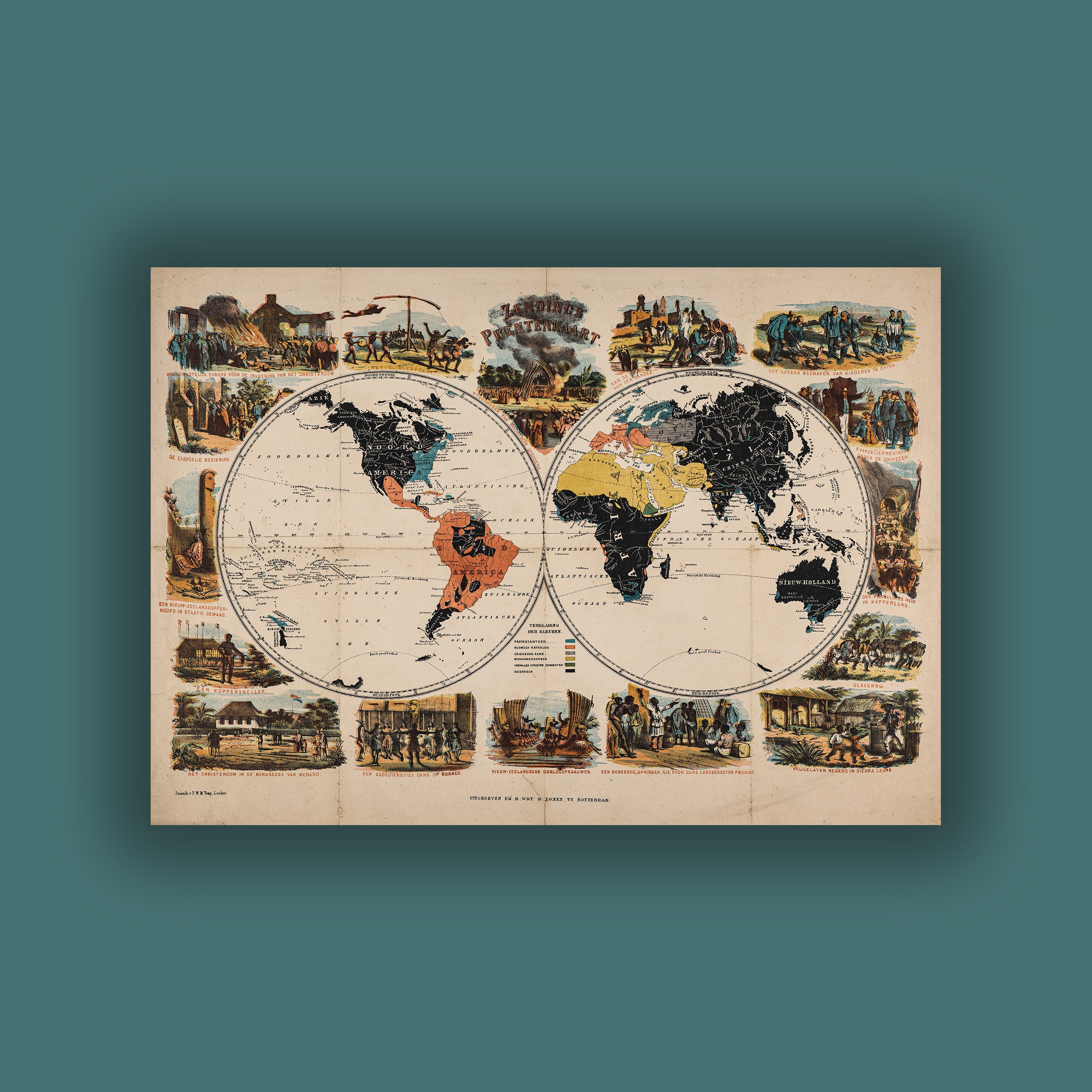 Dünya Din Haritası Posteri (Altı İnancın Haritası) - 19. Yüzyıl