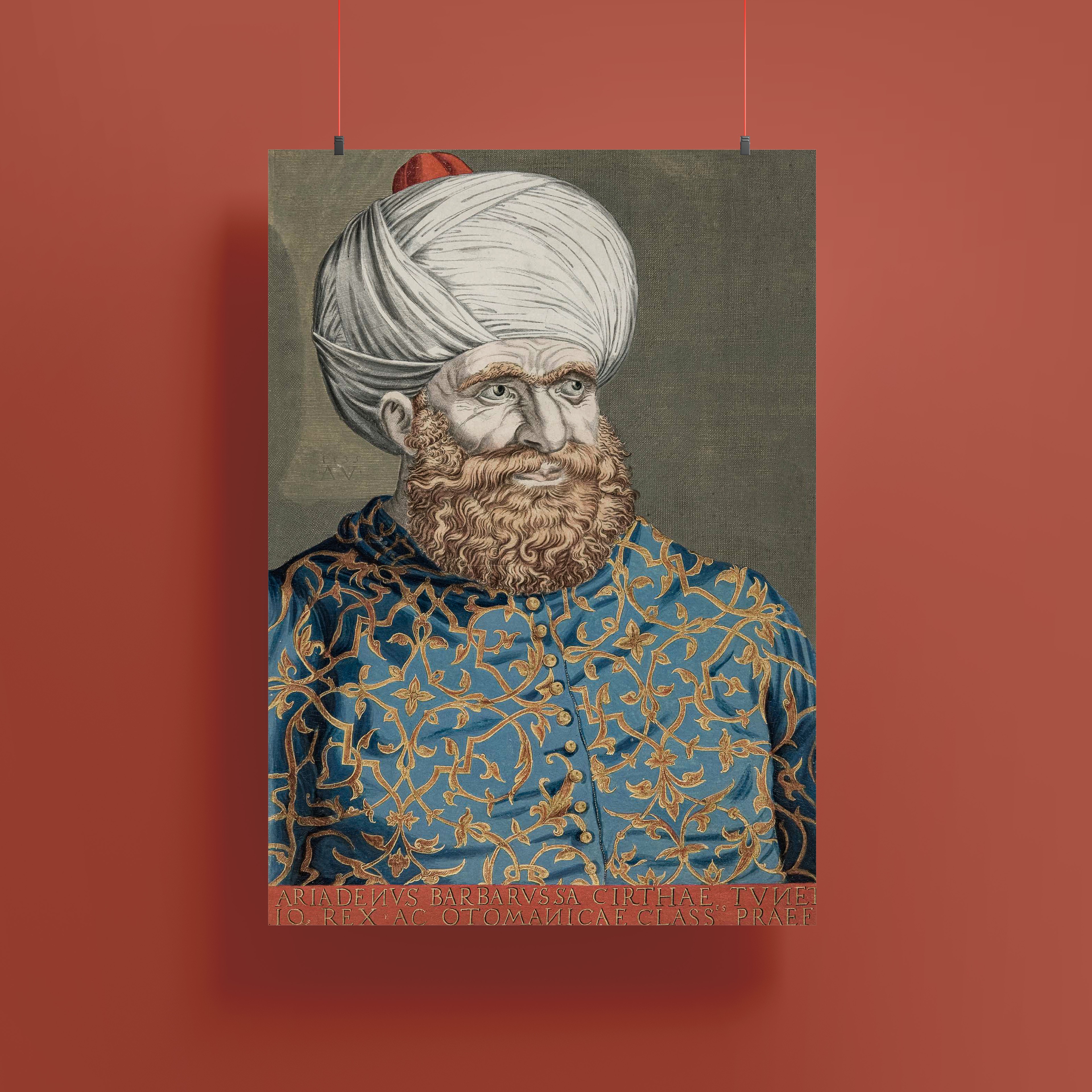 Agostino Veneziano - Barbaros Hayreddin Paşa Renkli Gravür (1535) Poster