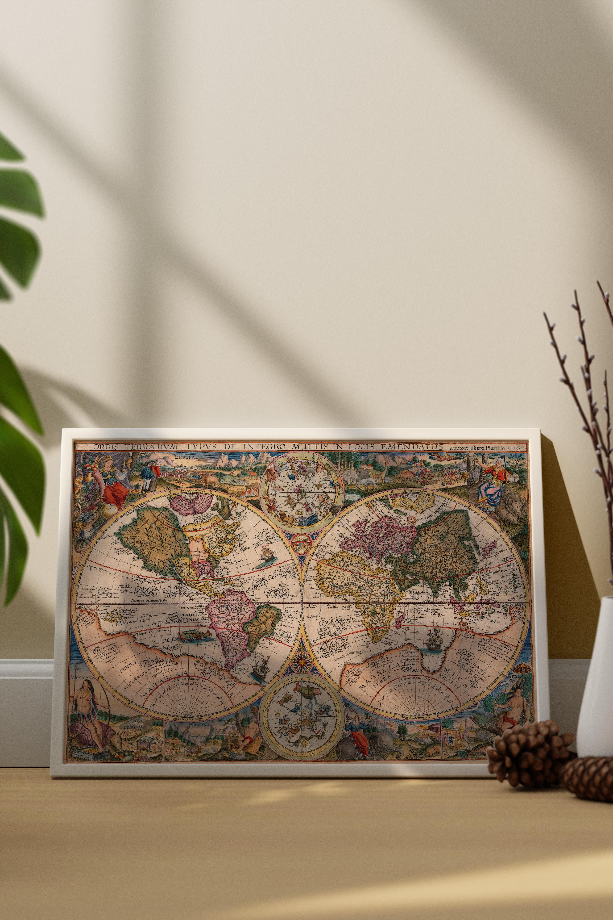Petrus Plancius - Çift Yarımküre Dünya Haritası (Double Hemisphere World Map - 1594)