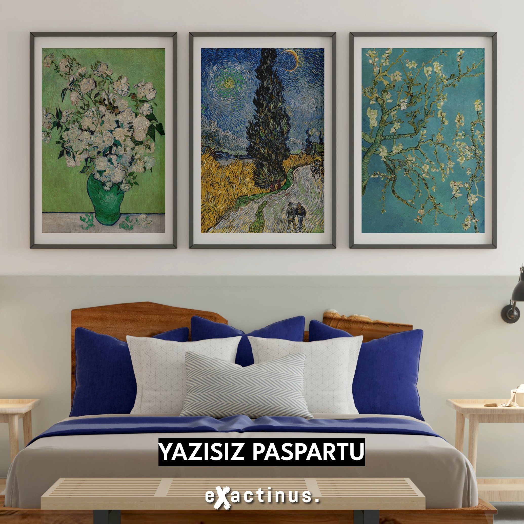 Vincent van Gogh Üç Parçalı Poster Tablo Seti (Vazoda Güller, Selvili ve Yıldızlı Yol, Çiçek Açan Badem Ağacı)