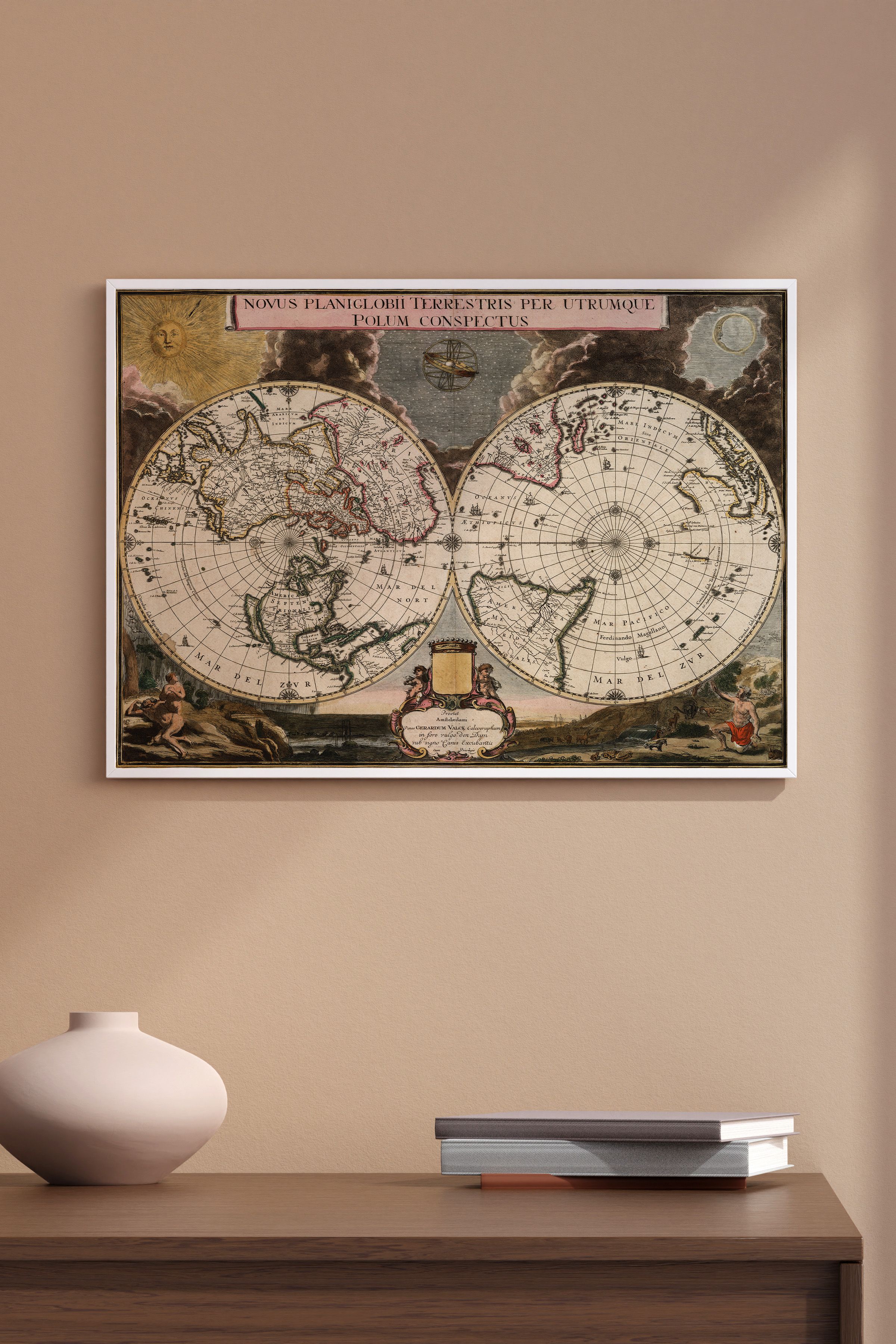 Gerard Valck - Kutuplardan Çift Yarımküre Dünya Haritası Poster (Novus Planiglobii - 1695)