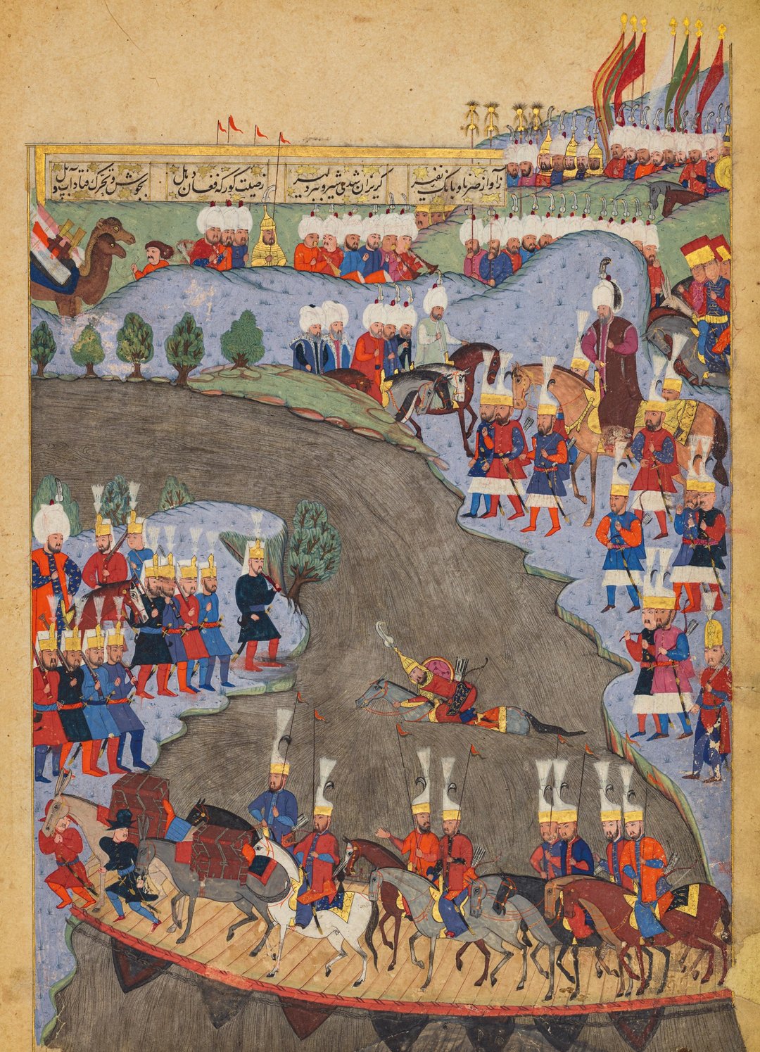 Kanuni Sultan Süleyman'ı, orduları ile birlikte Drava Köprüsü'nden geçerken gösteren minyatür. (Seyyid Lokman, Zafername, 1579)