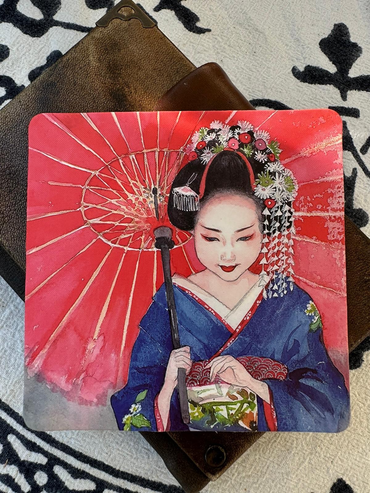 Kırmızı Şemsiyeli Japon Kız Bardak Altlığı