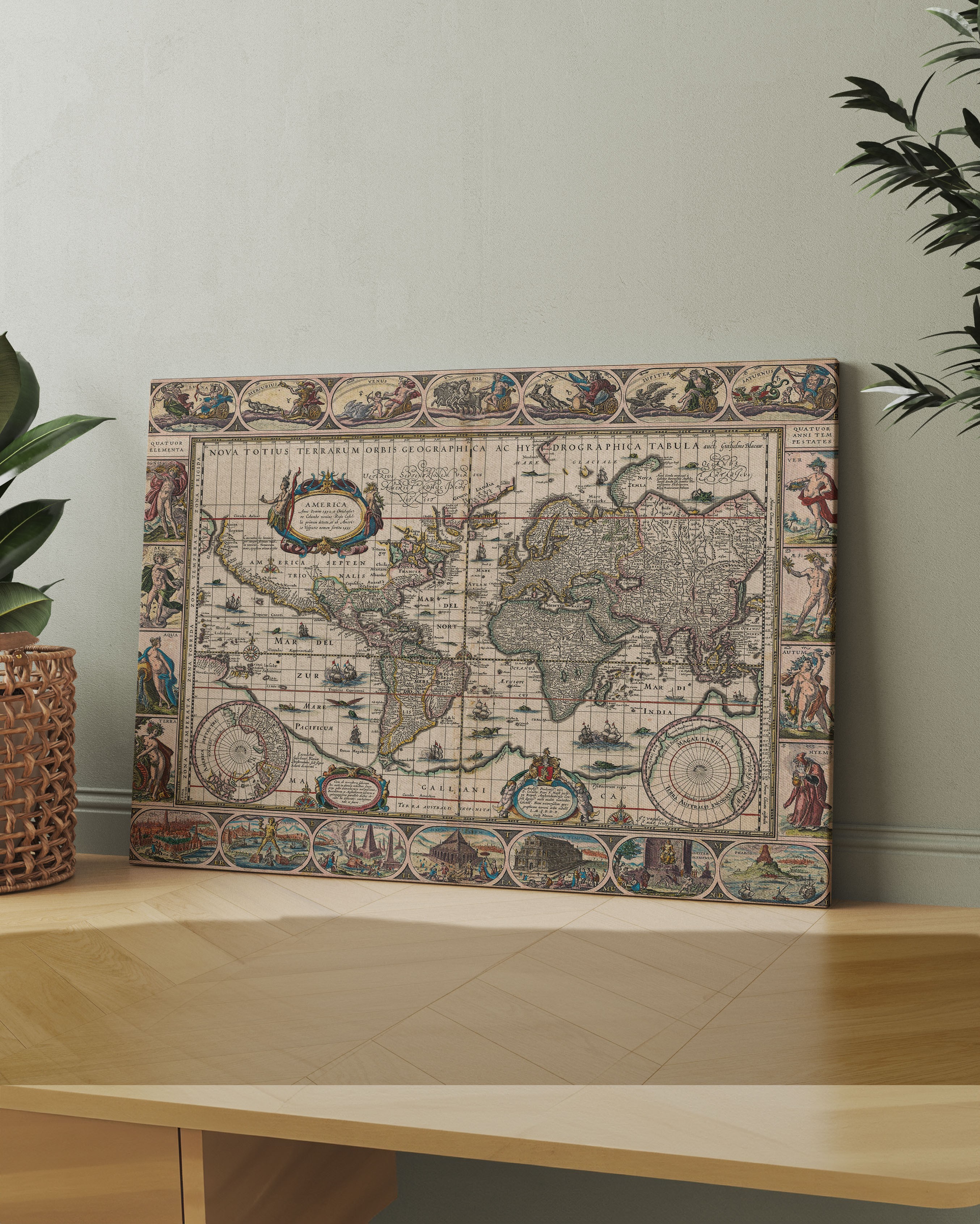 Dekoratif Kenarlıklı Dünya Haritası Kanvas Tablo - 17. Yüzyıl