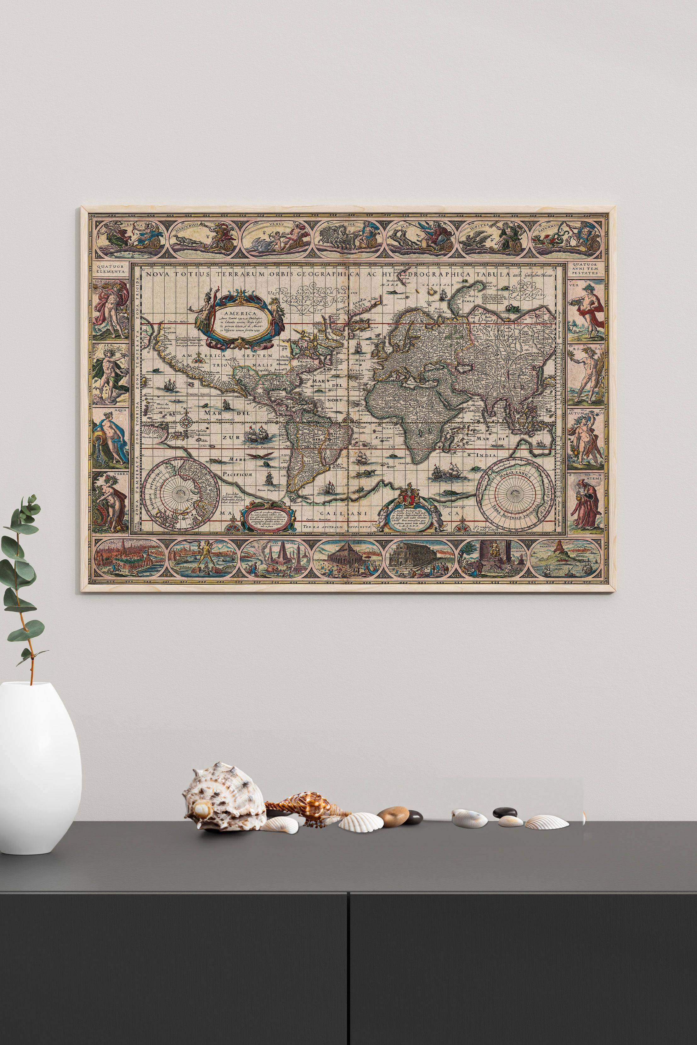 Dekoratif Kenarlıklı Dünya Haritası Posteri - 17. Yüzyıl