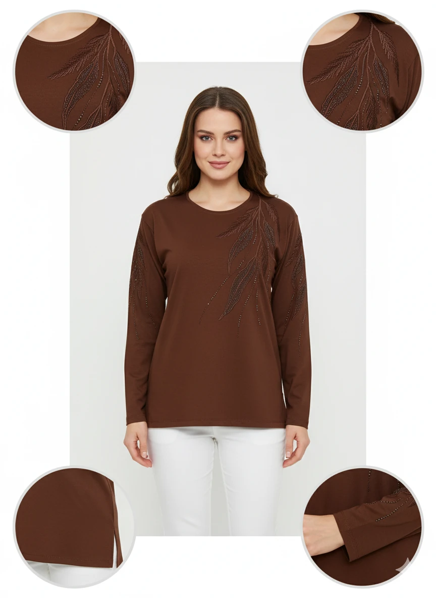 Lüx Taşlı Bluz Z3 - Kahve
