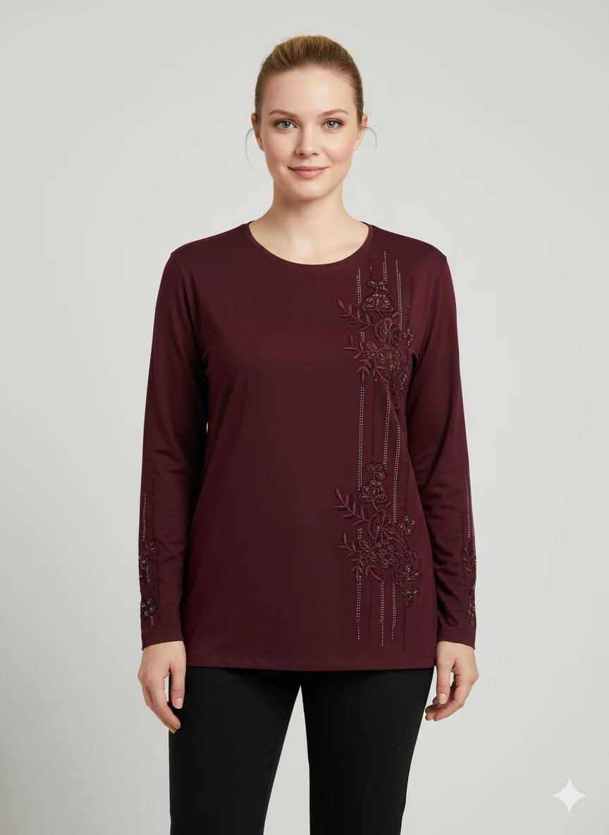 Lüx Taşlı Bluz Z2 - Bordo