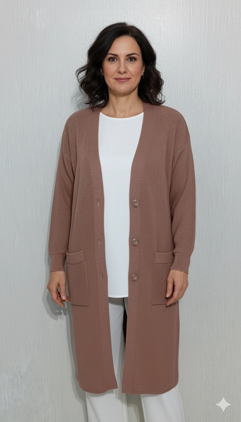 Örme Uzun Hırka M2U - Pudra