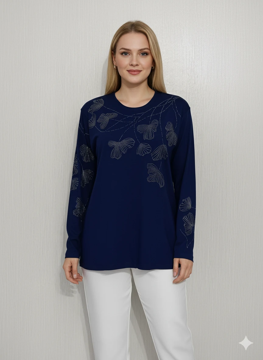 Lüx Taşlı Bluz Z1 - Mavi