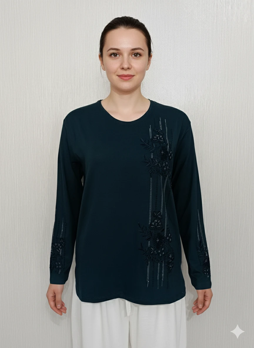 Lüx Taşlı Bluz Z2 - Petrol