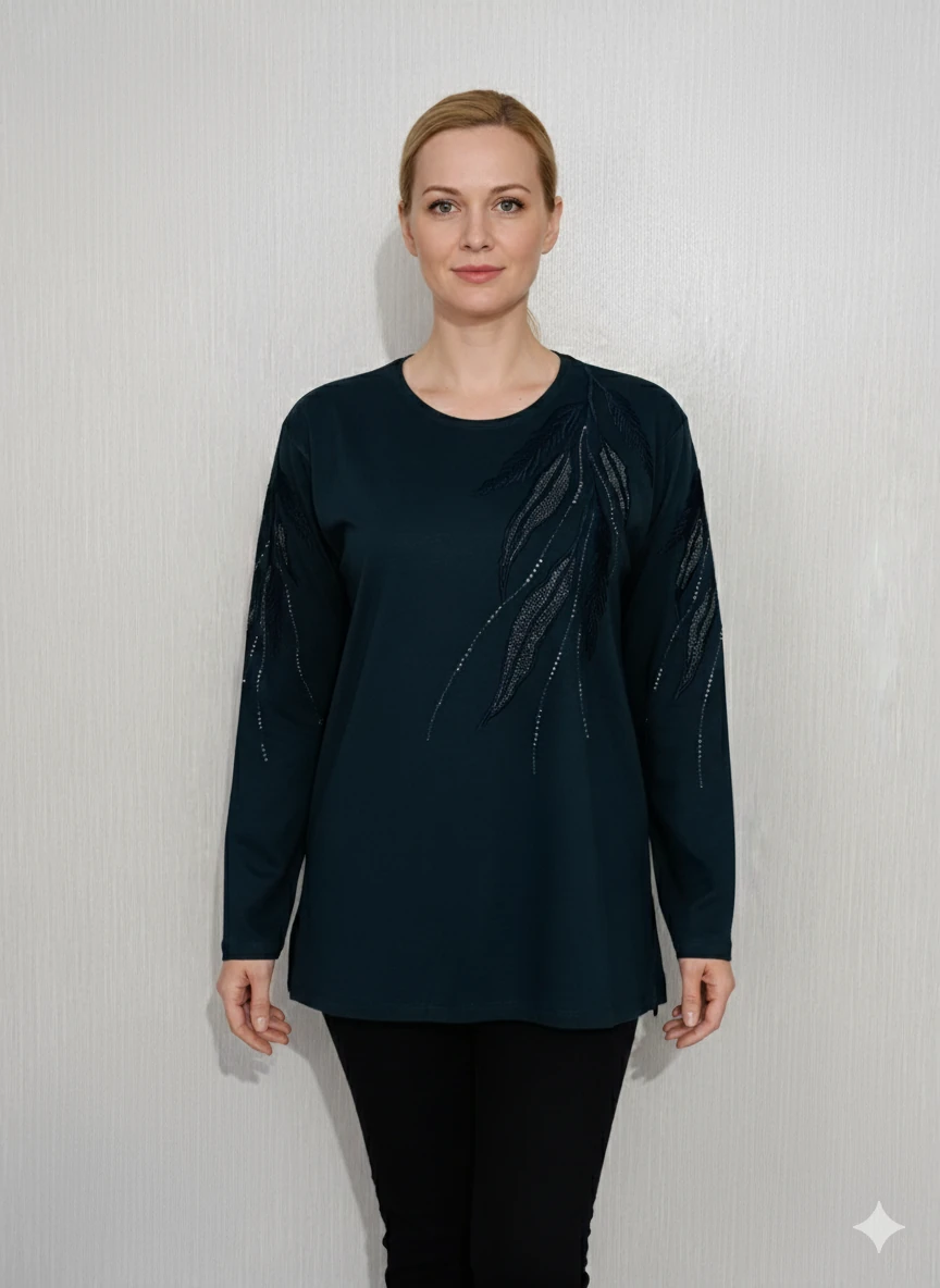 Lüx Taşlı Bluz Z3 - Petrol