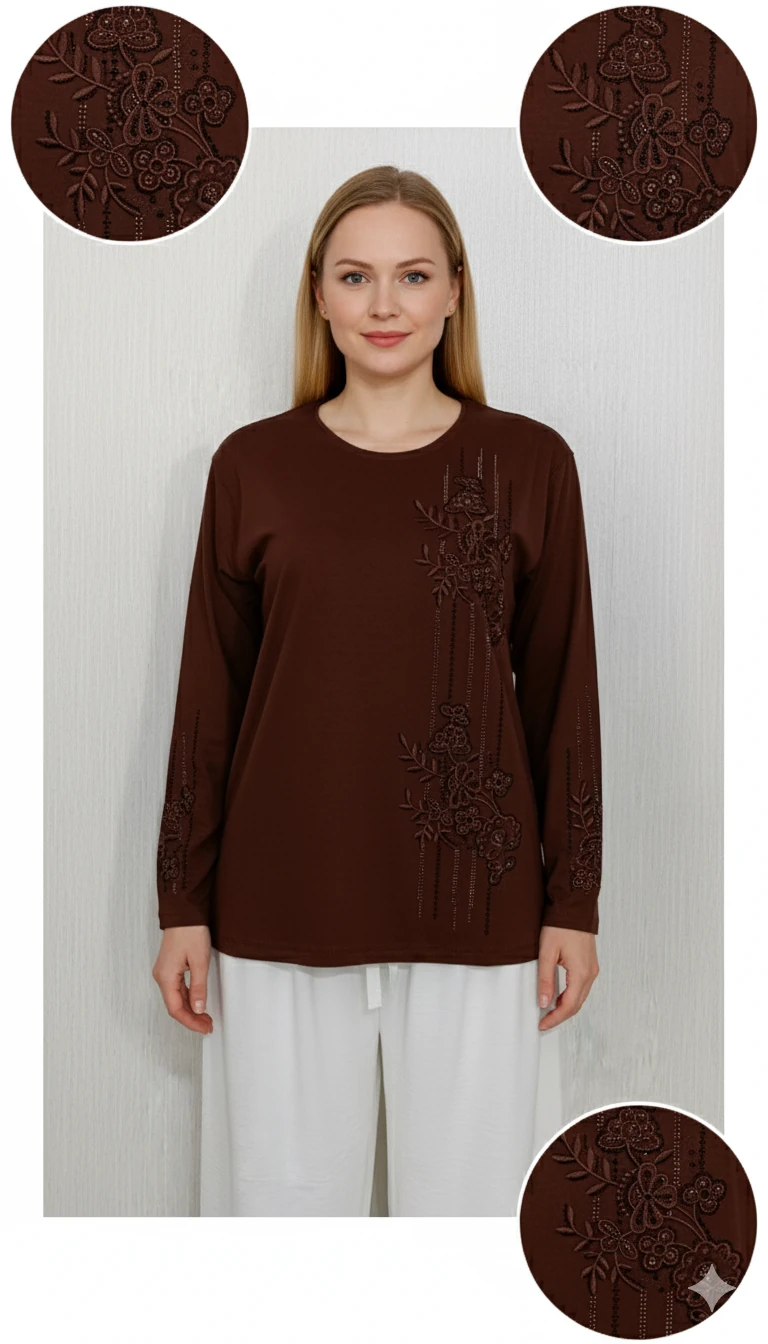Lüx Taşlı Bluz Z2 - Kahve