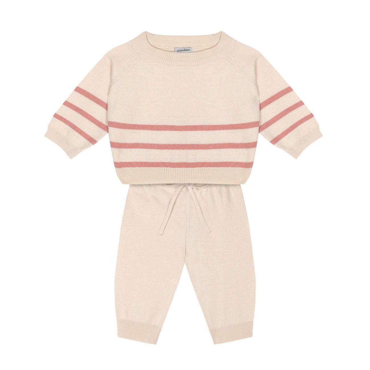 Pembe Çizgili Krem Triko Bebek Set