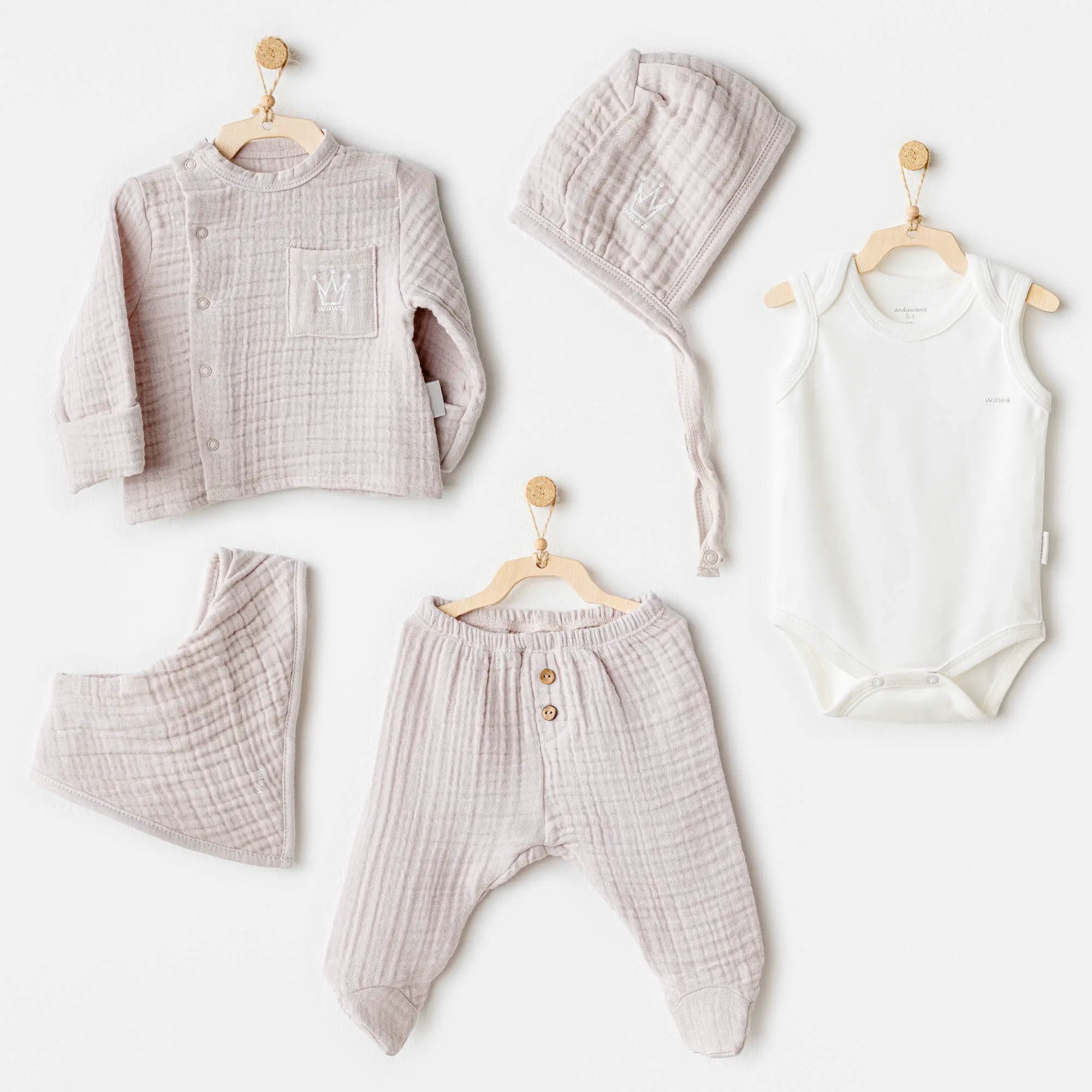 BEBEK HASTANE ÇIKIŞI 5 PCS NEWBORN SET NATURAL GIFT MUSLIN GREY