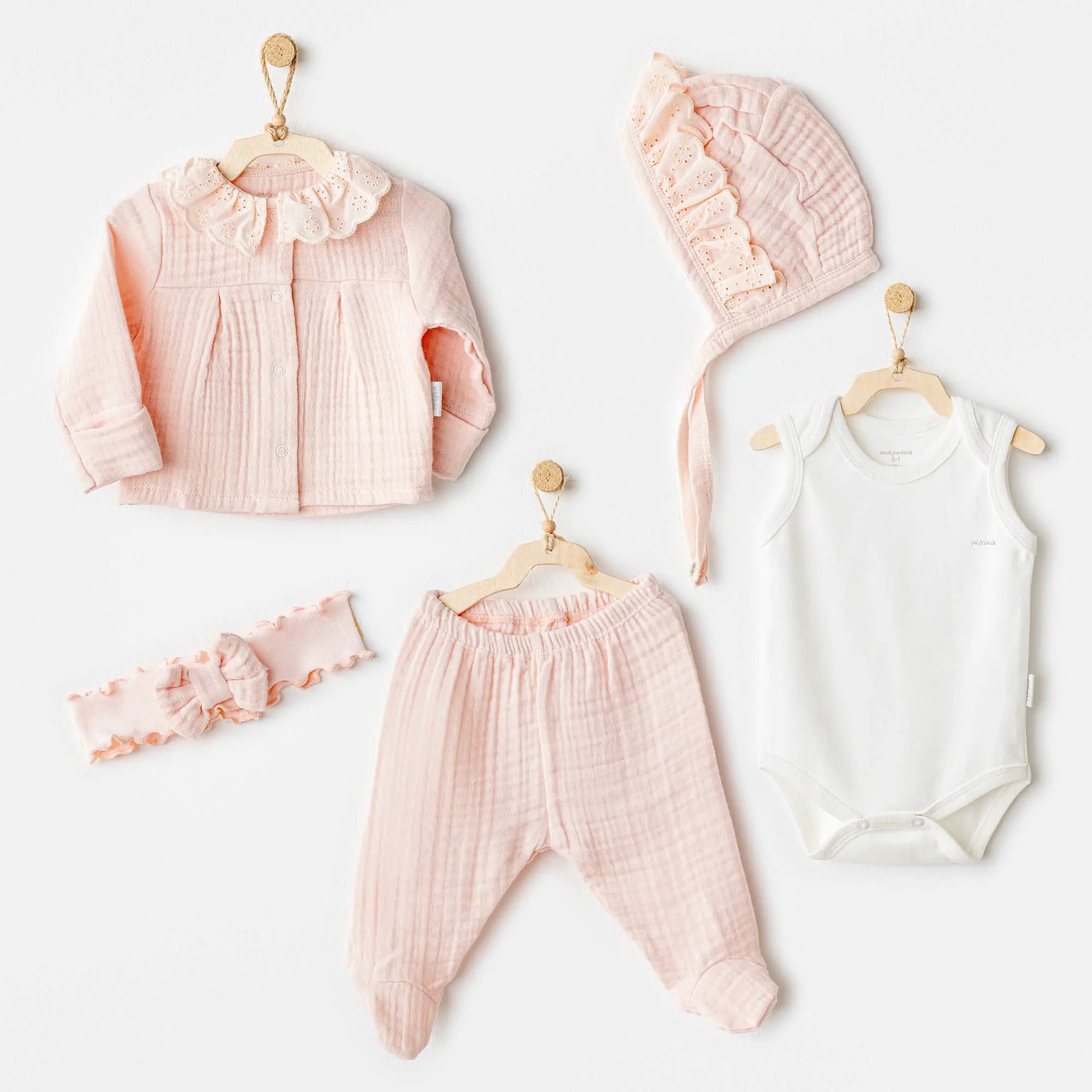 BEBEK HASTANE ÇIKIŞI 5 PCS NEWBORN SET NATURAL GIFT MUSLIN SALMON