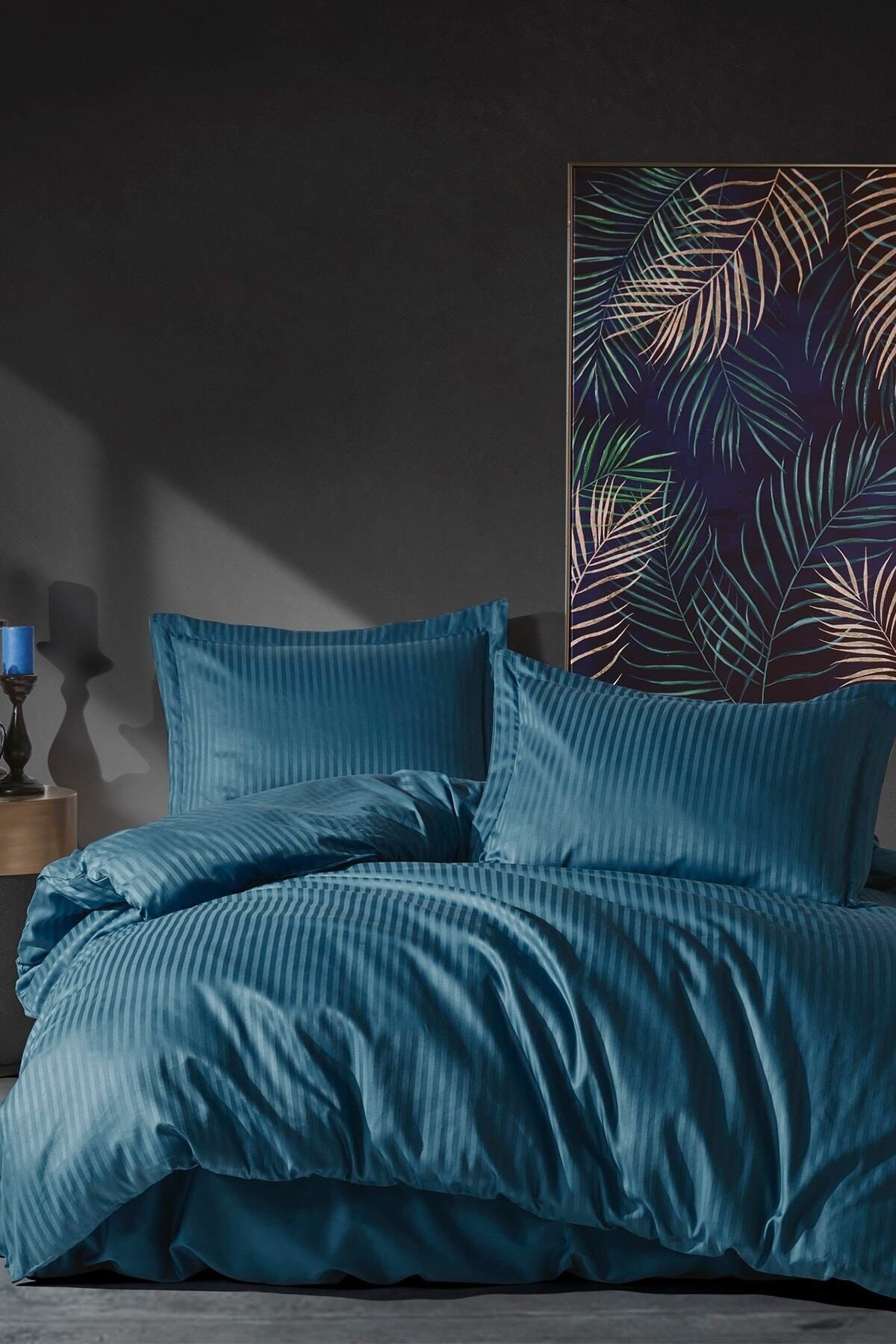 Elegant Stripe Saten Çift Kişilik Nevresim Takımı Mavi