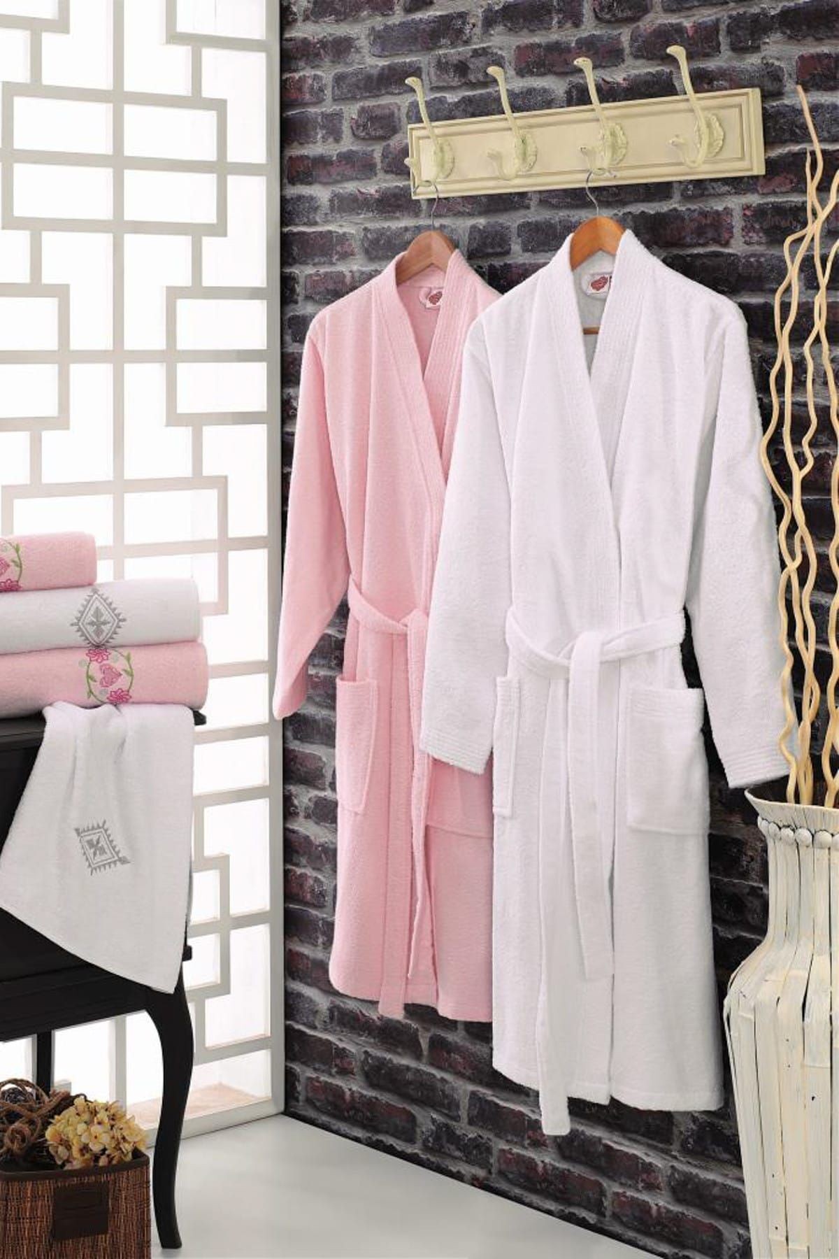 Bornoz Seti %100 Pamuk Pembe-Beyaz 8680108016626