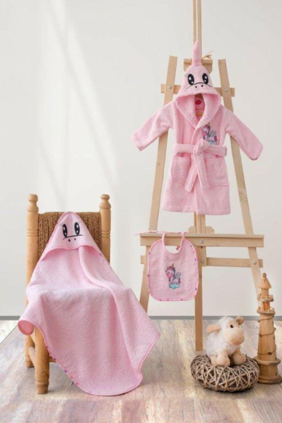 Cottonbox Baby Bornoz Seti Bornoz + Kundak + Önlük Unicorn Pembe