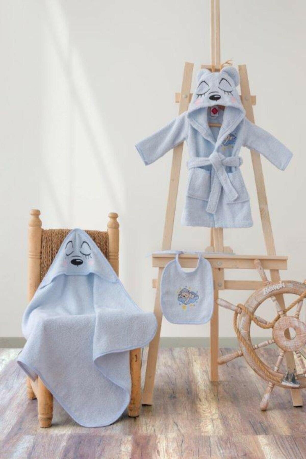 Cottonbox Baby Bornoz Seti Bornoz + Kundak + Önlük Mavi Bear
