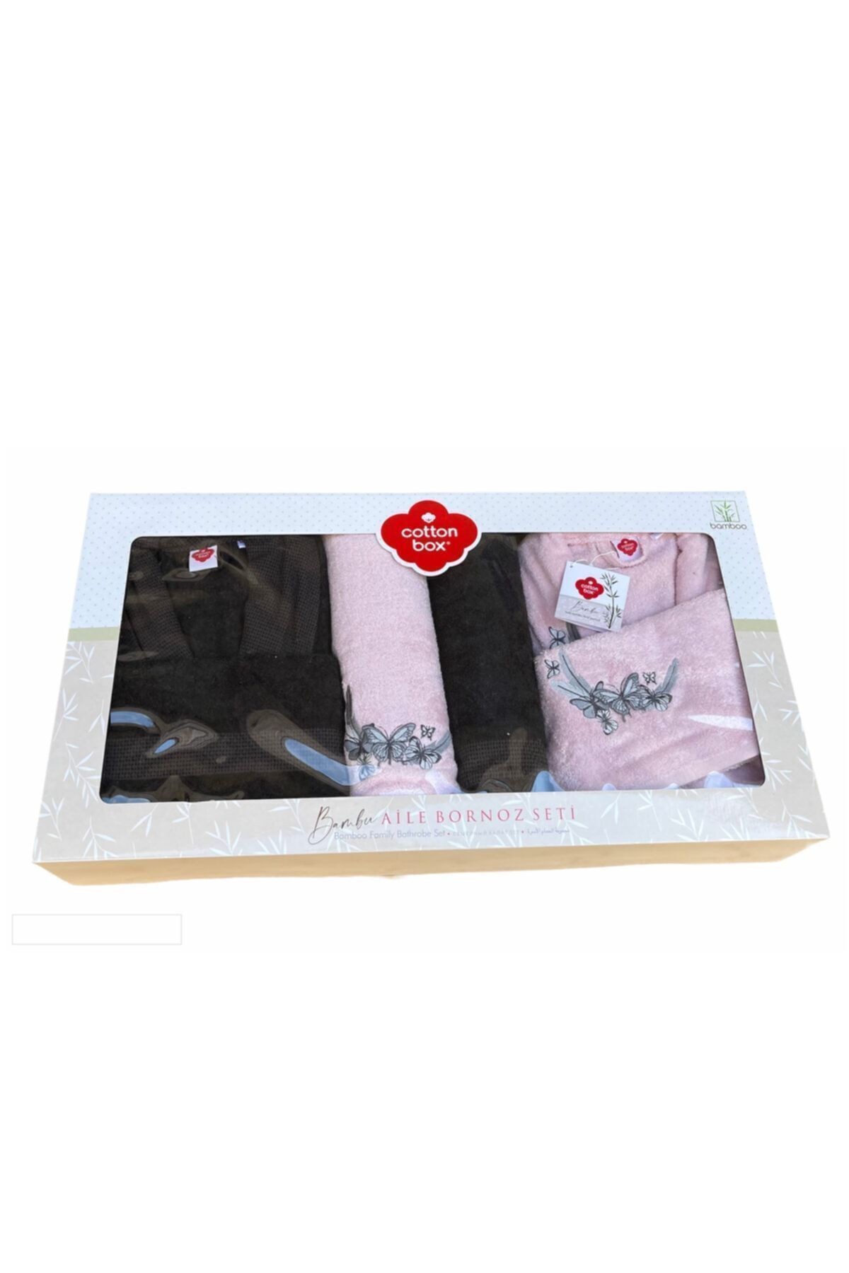 Bambu 6 Parça Aile Bornoz Seti Nakışlı Perla Pembe Antrasit
