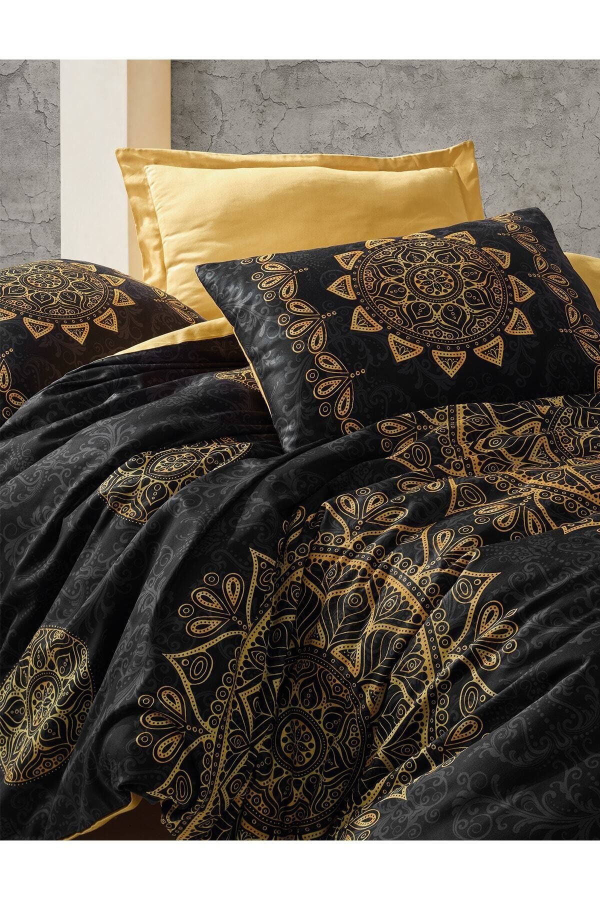 Saten Çift Kişilik Nevresim Takımı Alvina Gold