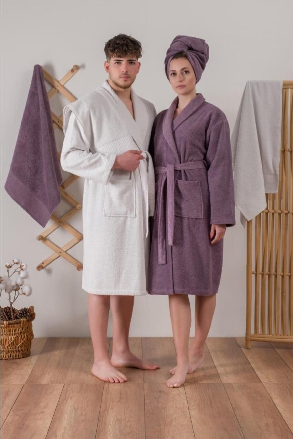 Unisex Mor Jakarlı Aile Bornoz Seti