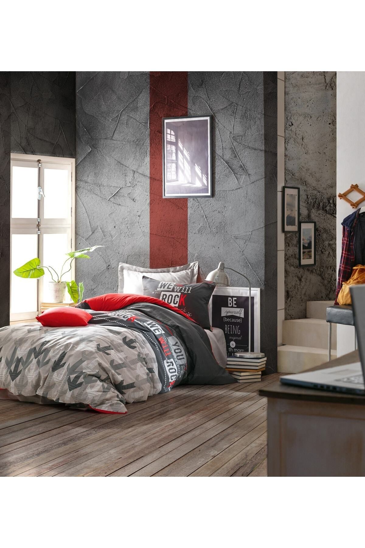 Genç Odası Tek Kişilik Nevresim Takımı Rock Kırmızı
