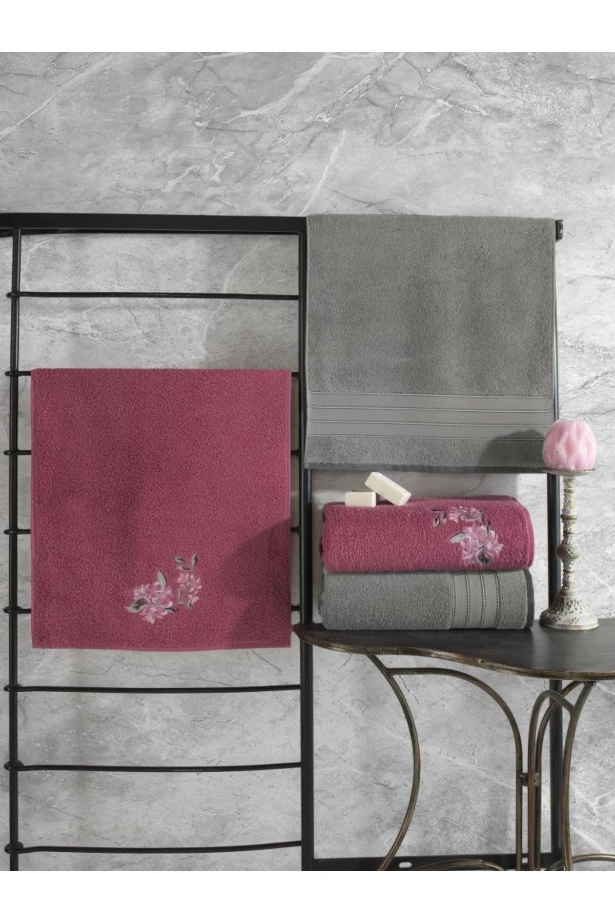 Colorful %100 Pamuk Hamam Havlu Seti Gri Pembe