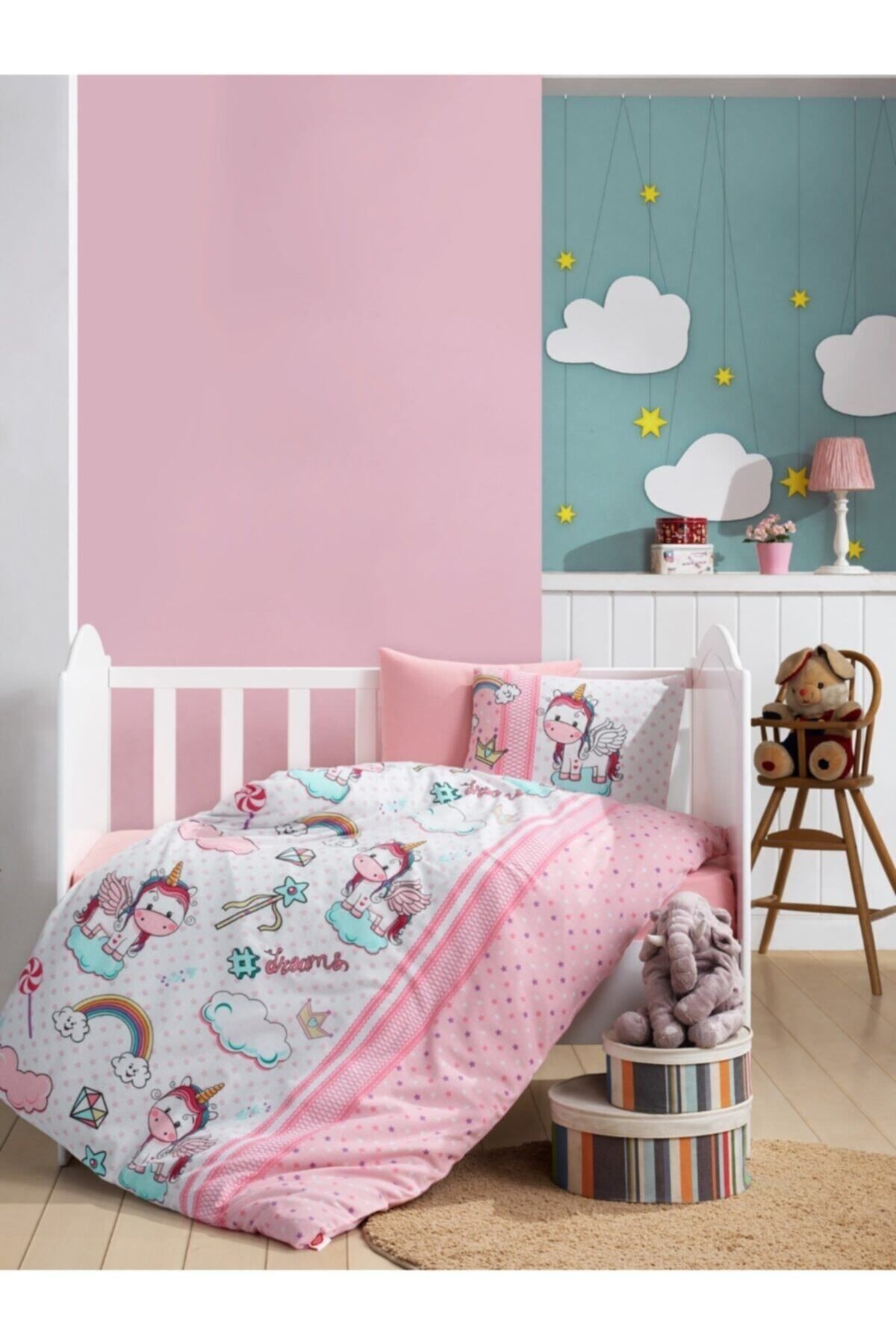 Unicorn Pembe Flanel & Pazen Kışlık Bebek Nevresim Takımı