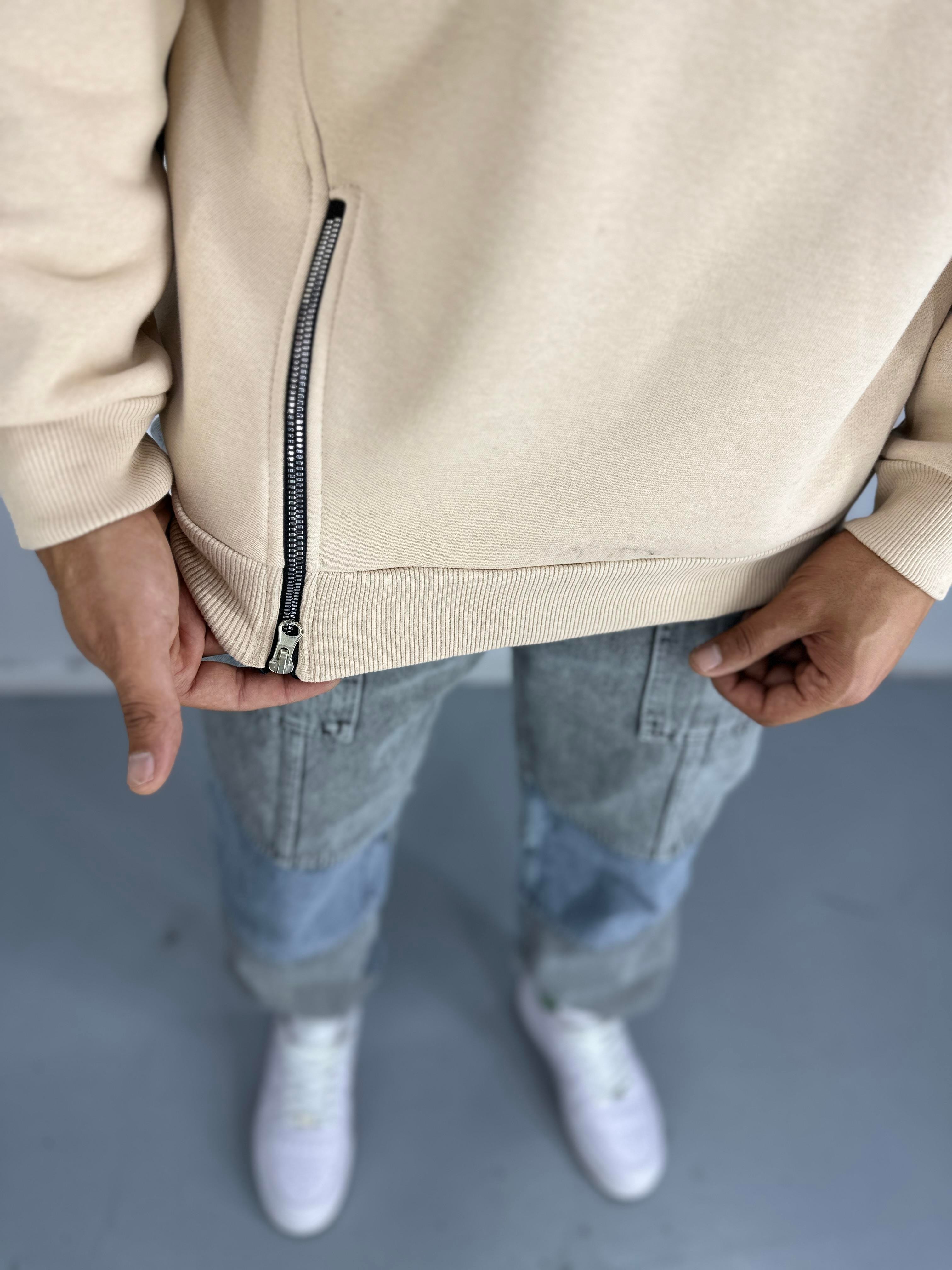 Erkek Üç İplik Şardonlu Fermuarlı Krem Hoodie