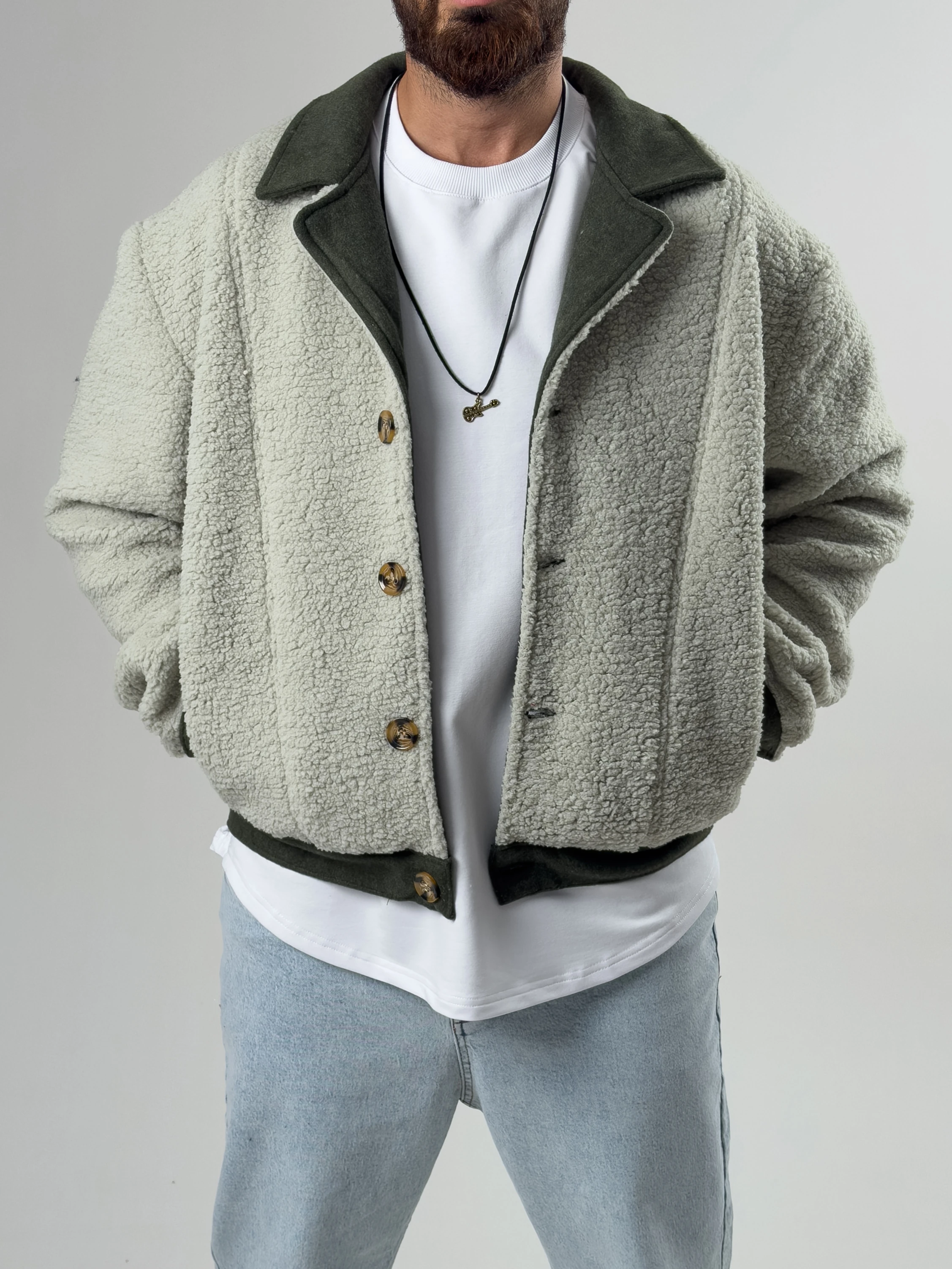 Erkek Kaşe Detaylı Yeşil Peluş Hırka COC2587