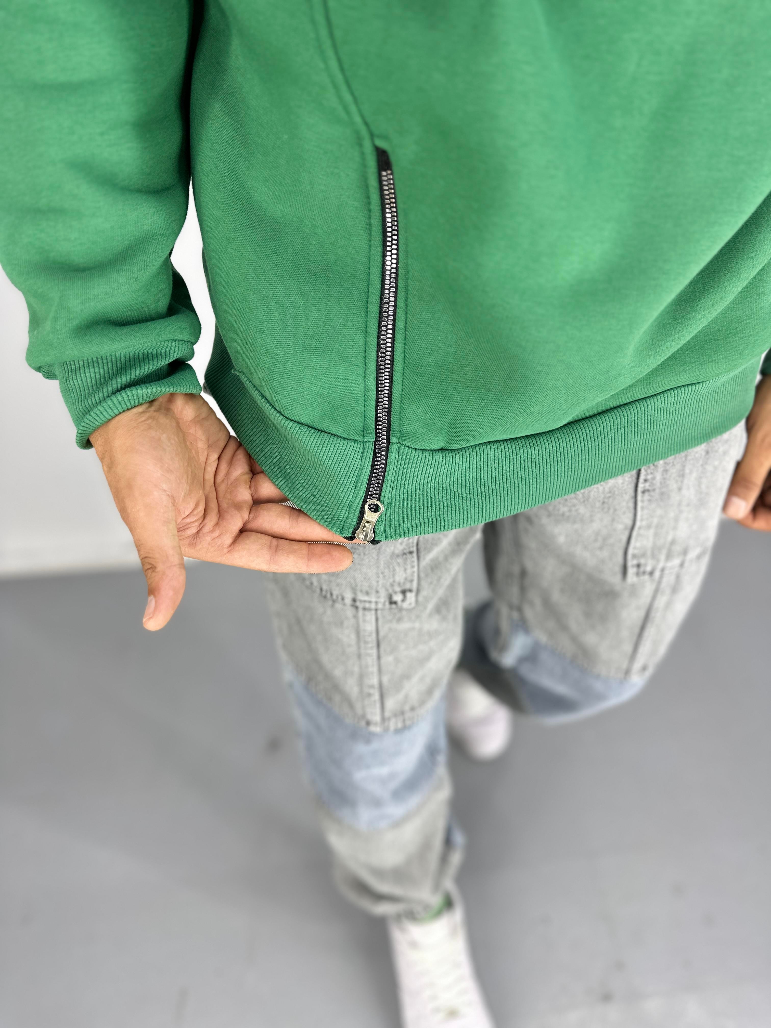 Erkek Üç İplik Şardonlu Fermuarlı Yeşil Hoodie