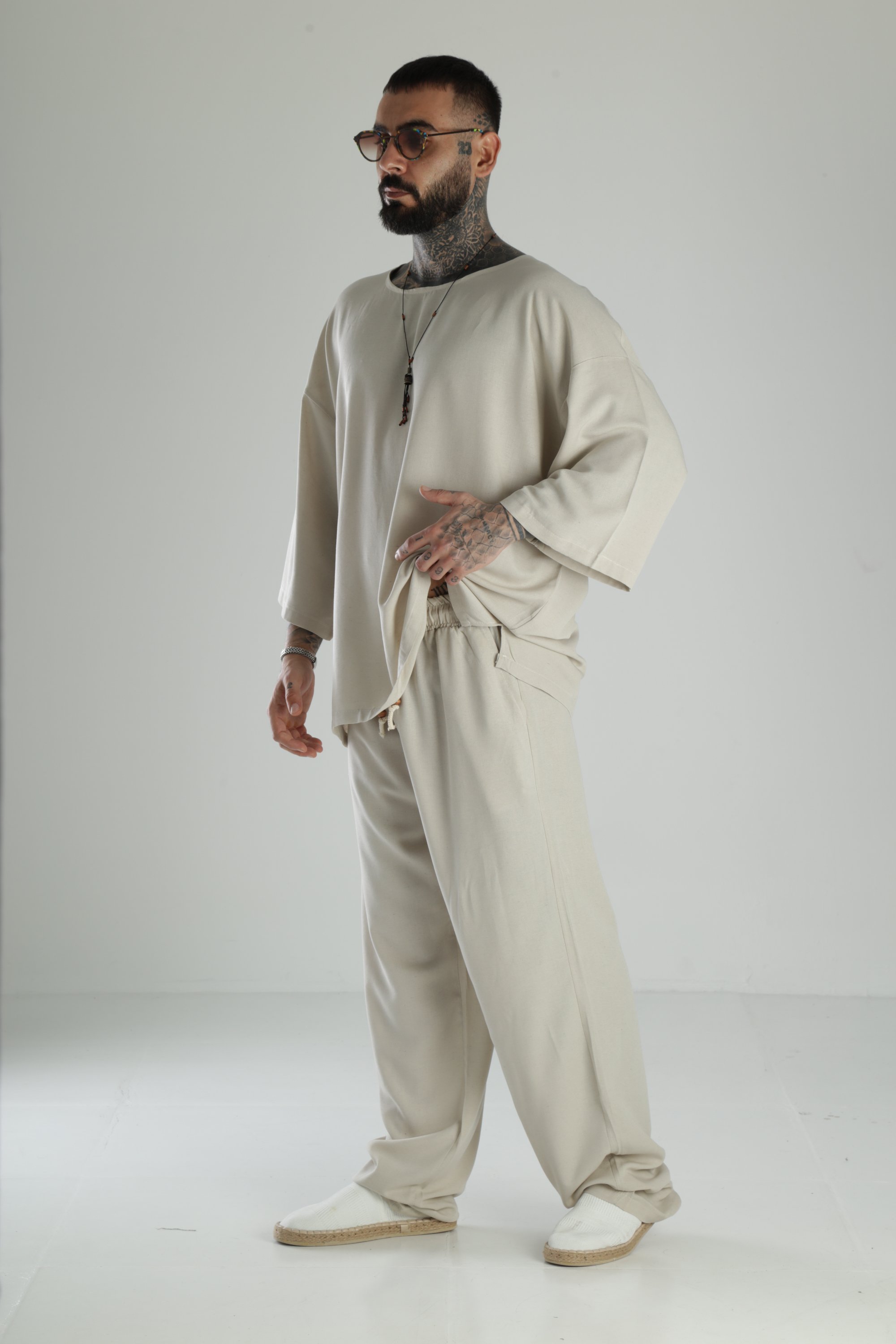 Oversize Bej Keten Takım