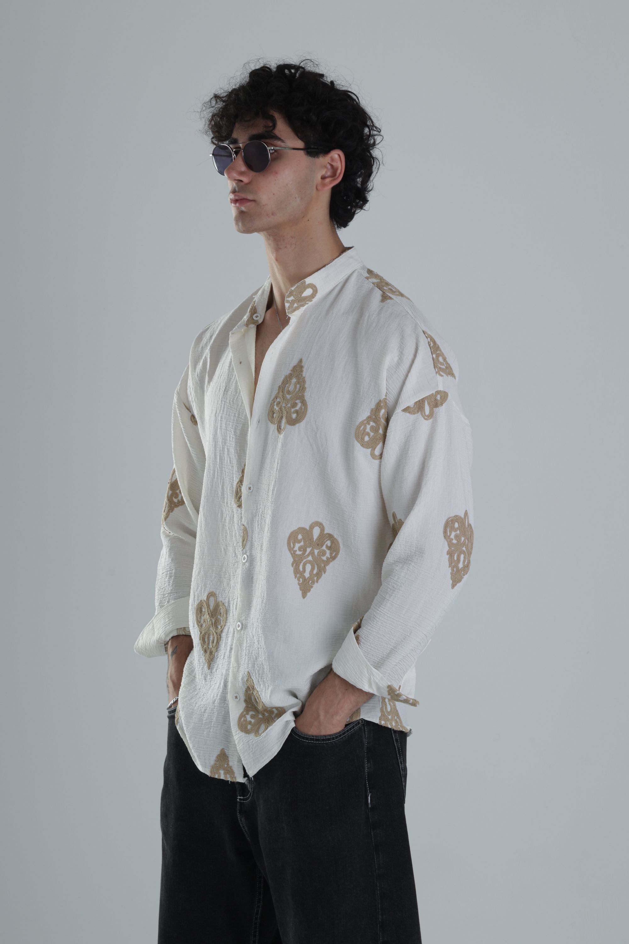 Kahve Nakış Detaylı Oversize Gömlek