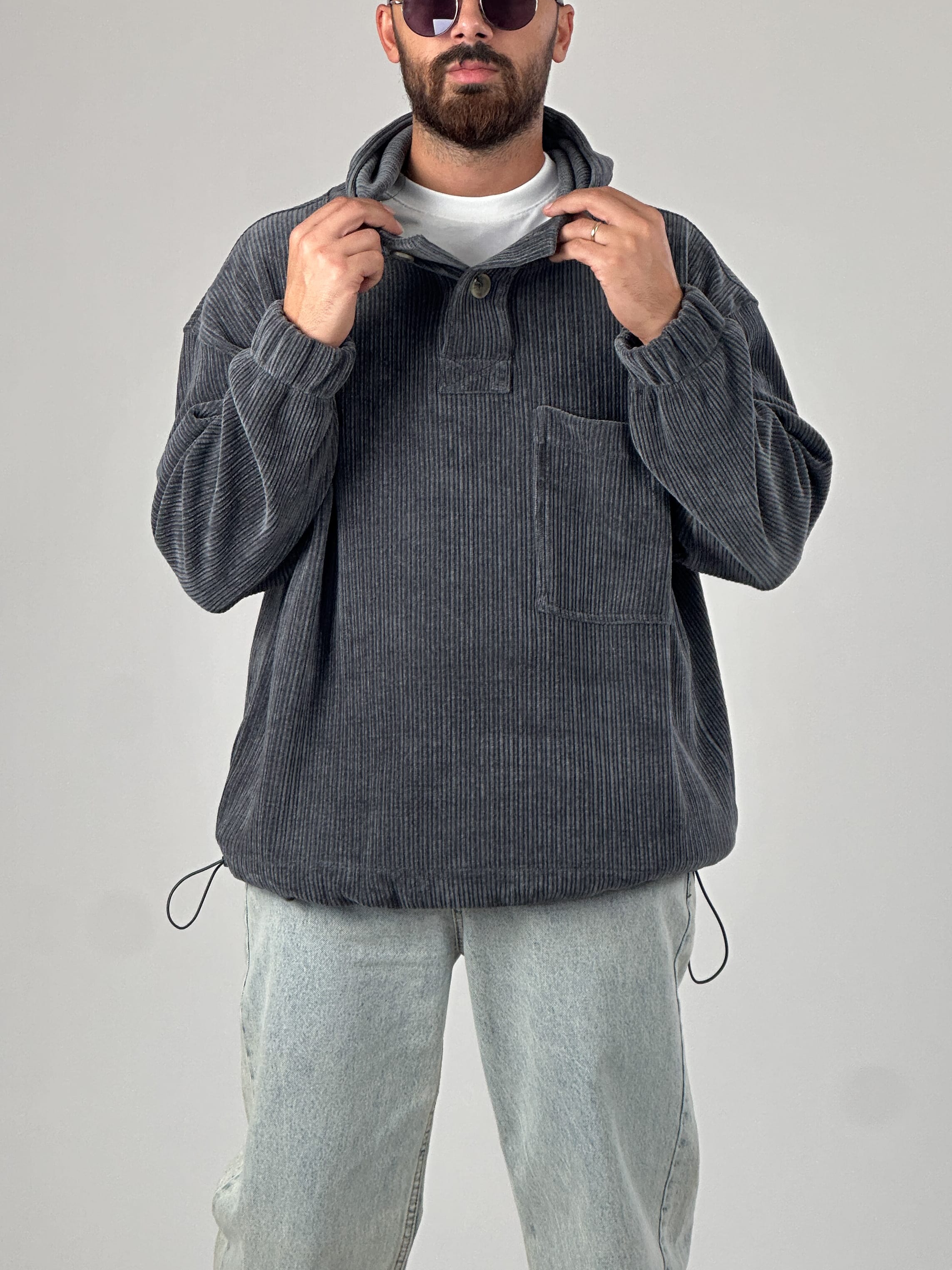 Kadife Dokulu Antrasit Oversize Kapüşonlu Erkek Sweatshirt