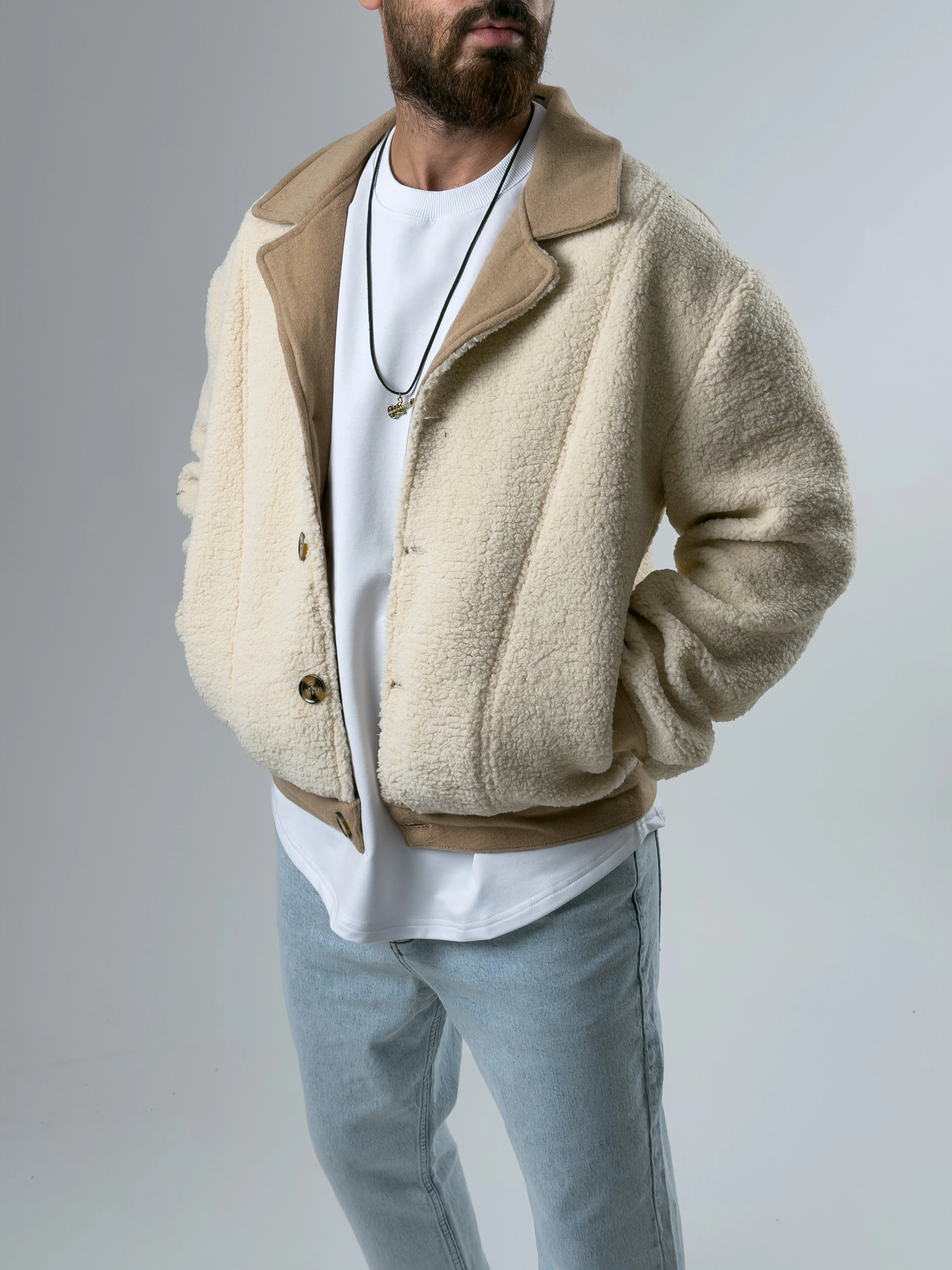 Erkek Kaşe Detaylı Ekru Peluş Hırka COC2585