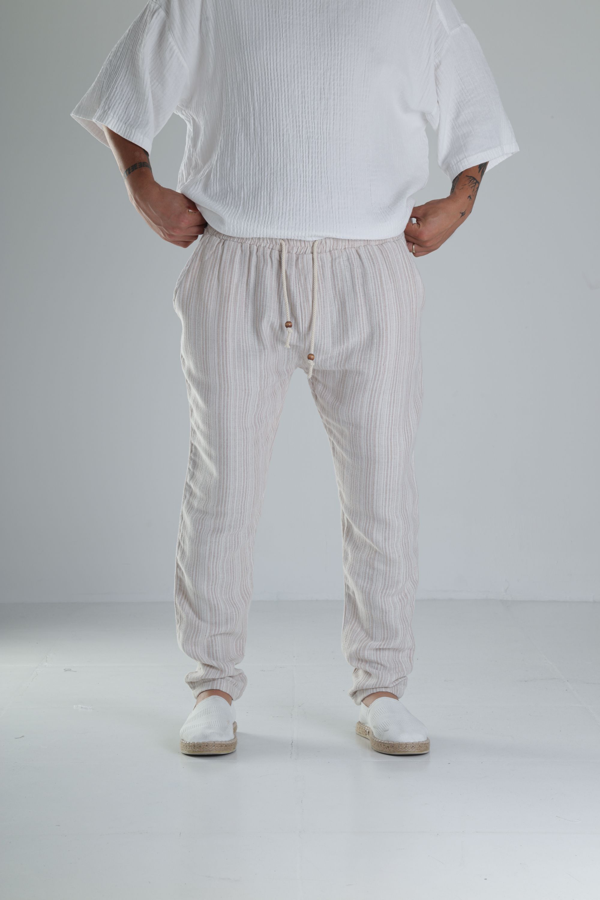 Kahve Çizgili Müslin Keten Baggy Pantolon