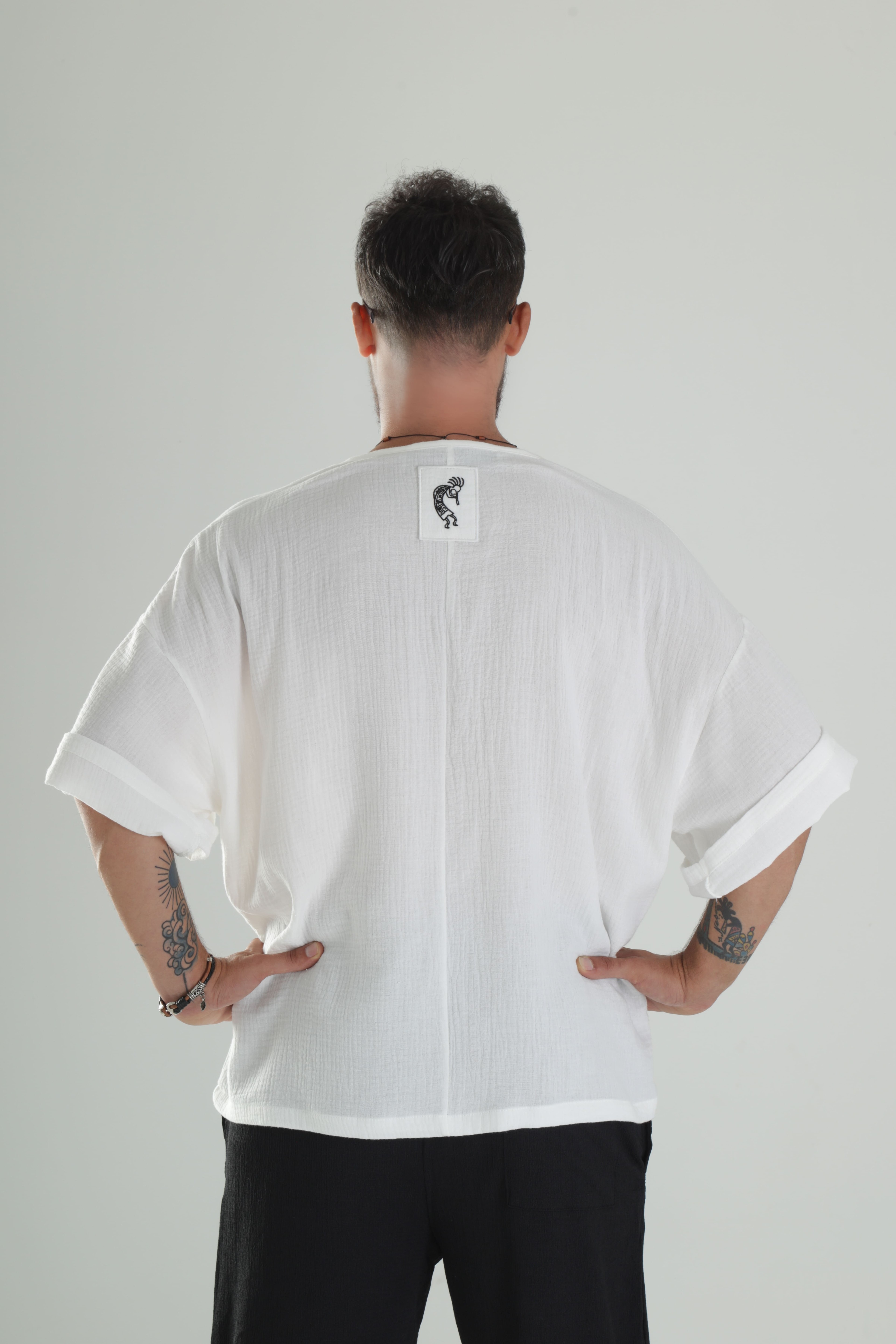 Beyaz Müslin Kumaş Oversize Fakir Kol T-Shirt