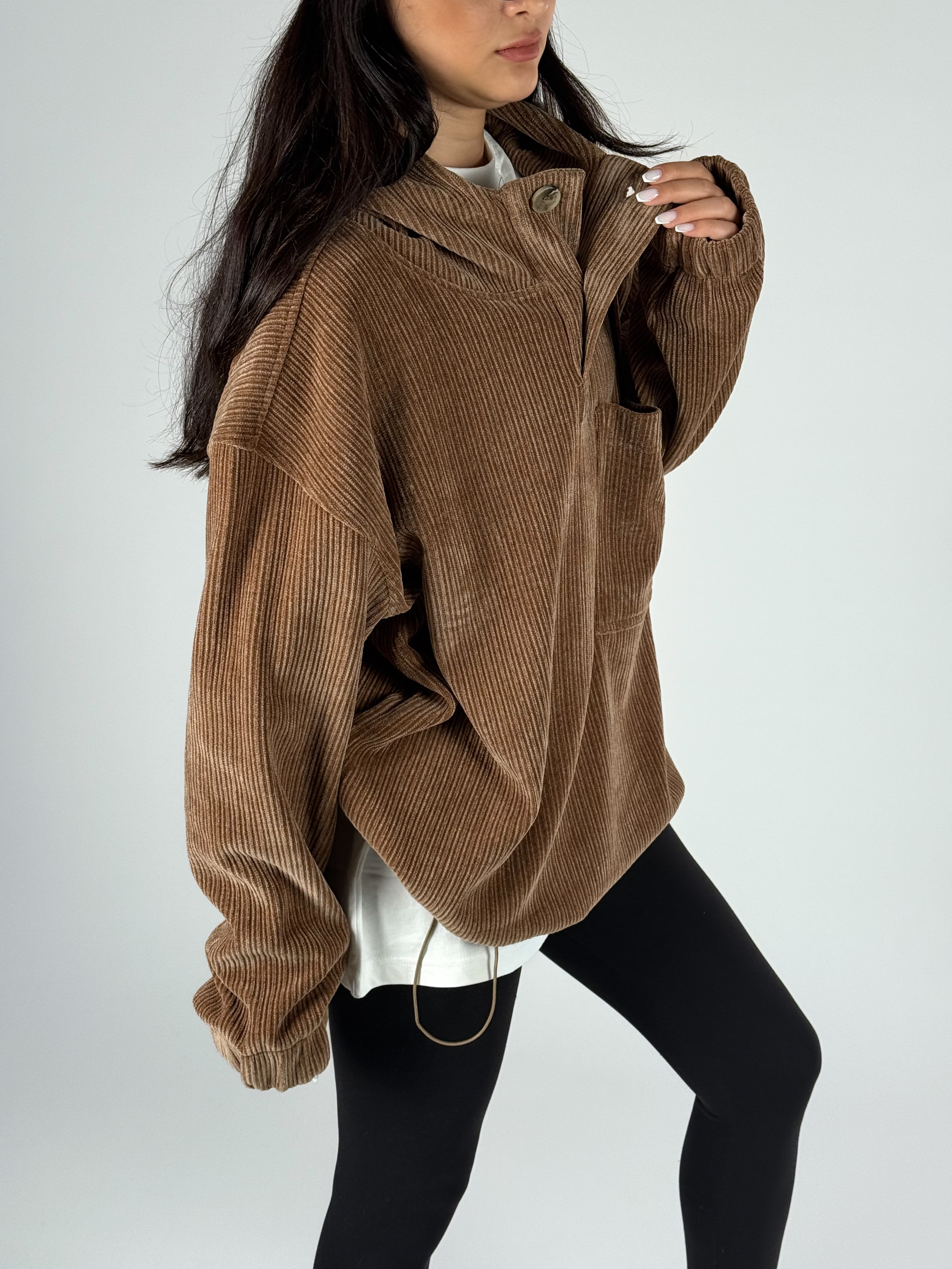 Kadife Dokulu Kahve Oversize Kapüşonlu Kadın Sweatshirt