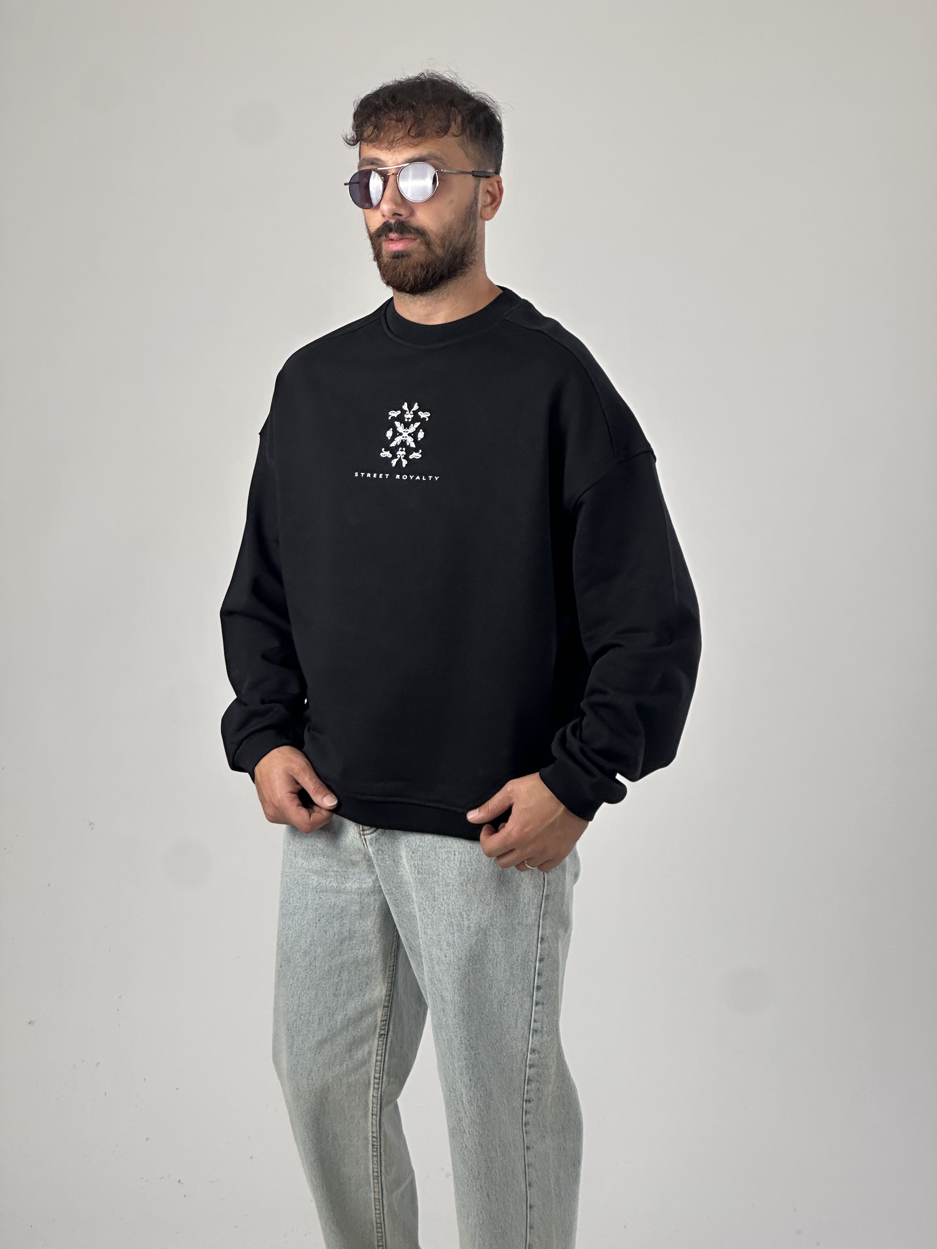 Etnik Desenli Tasarım Erkek Siyah Sweatshirt