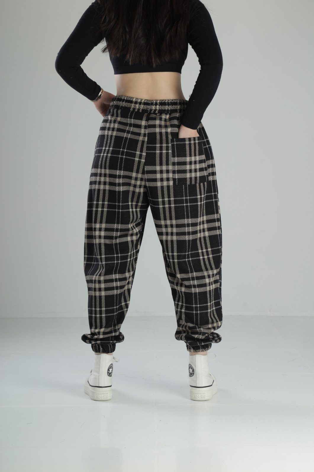 Kahverengi Ekose Pileli Jogger Pantolon