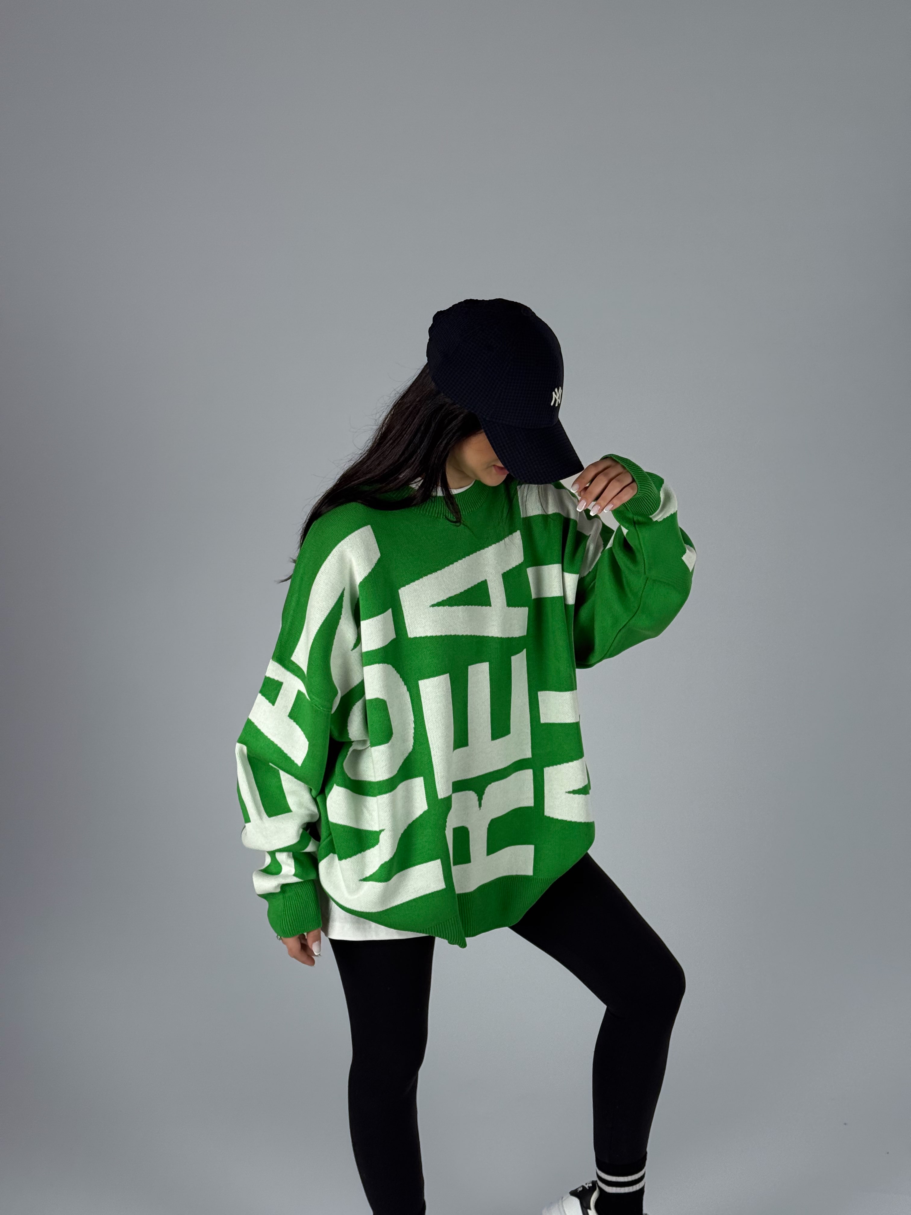 Bold Print Oversize Kadın Yeşil Sweat