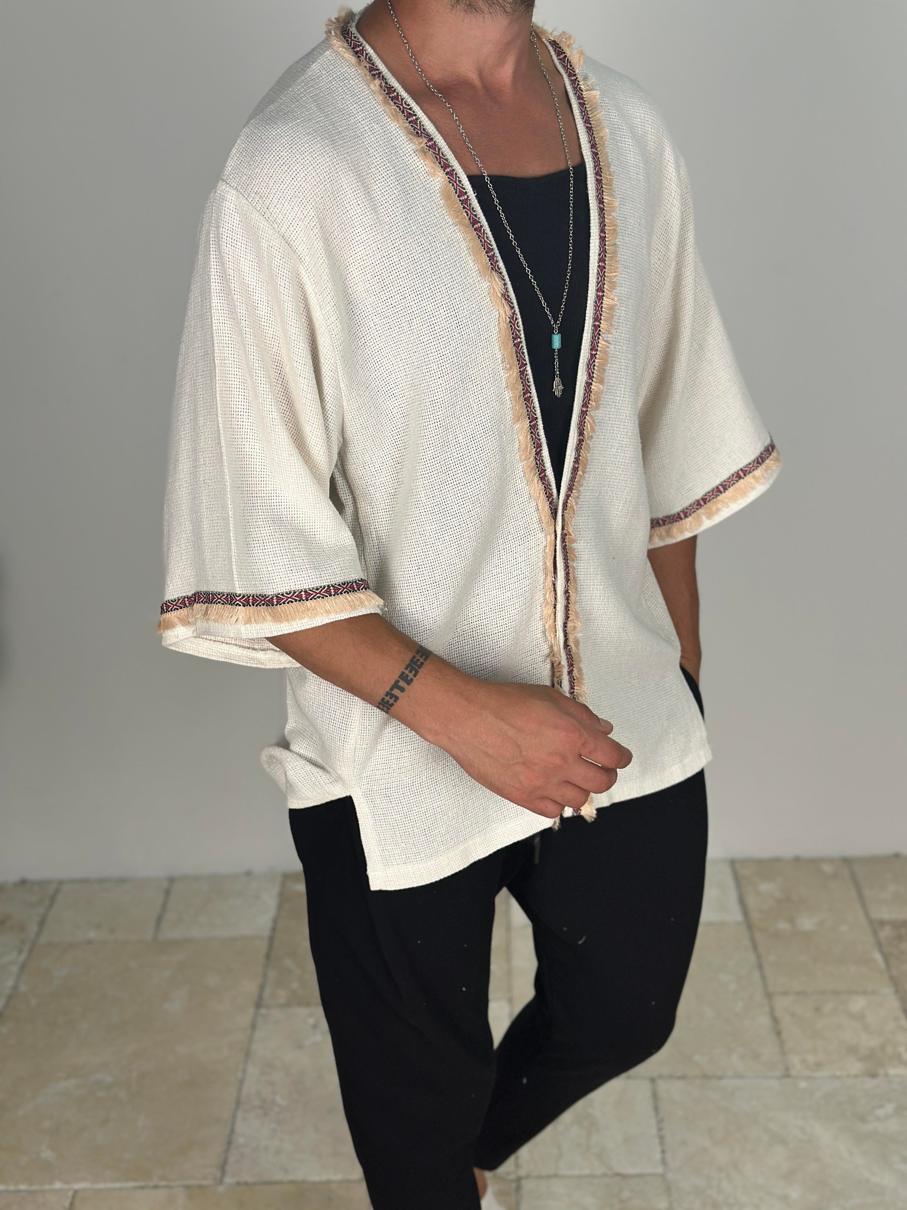 Buldan Kumaş Bohem Fakir Kol Bej Kimono