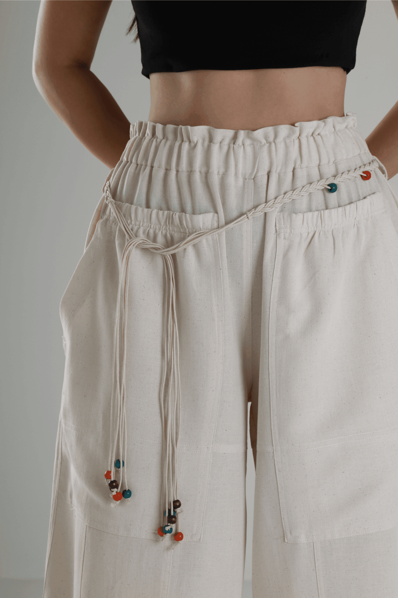 Tasarım Keten Bej Baggy Pantolon
