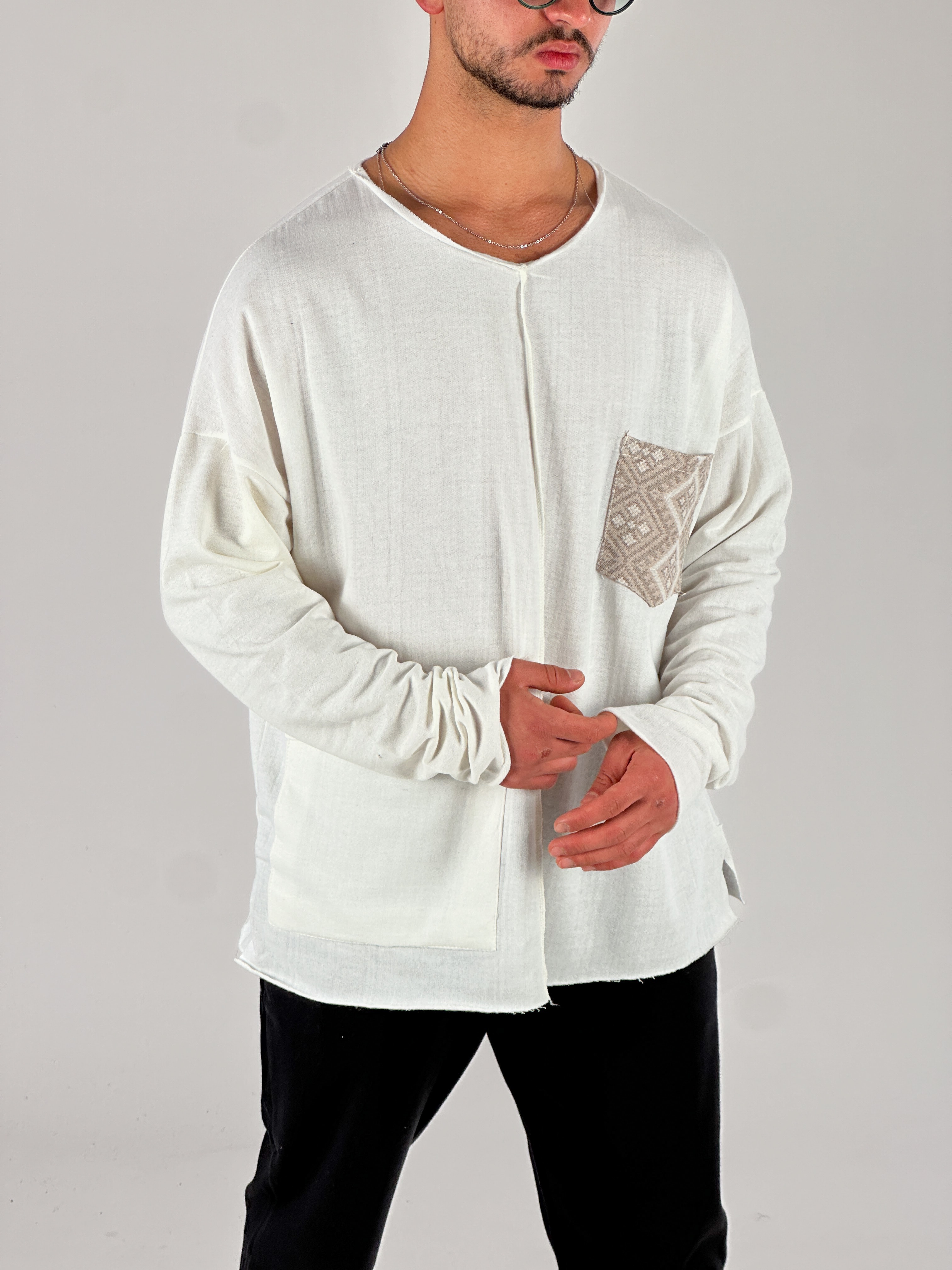 Kahve Cep Detaylı Etnik Tasarım Sweatshirt