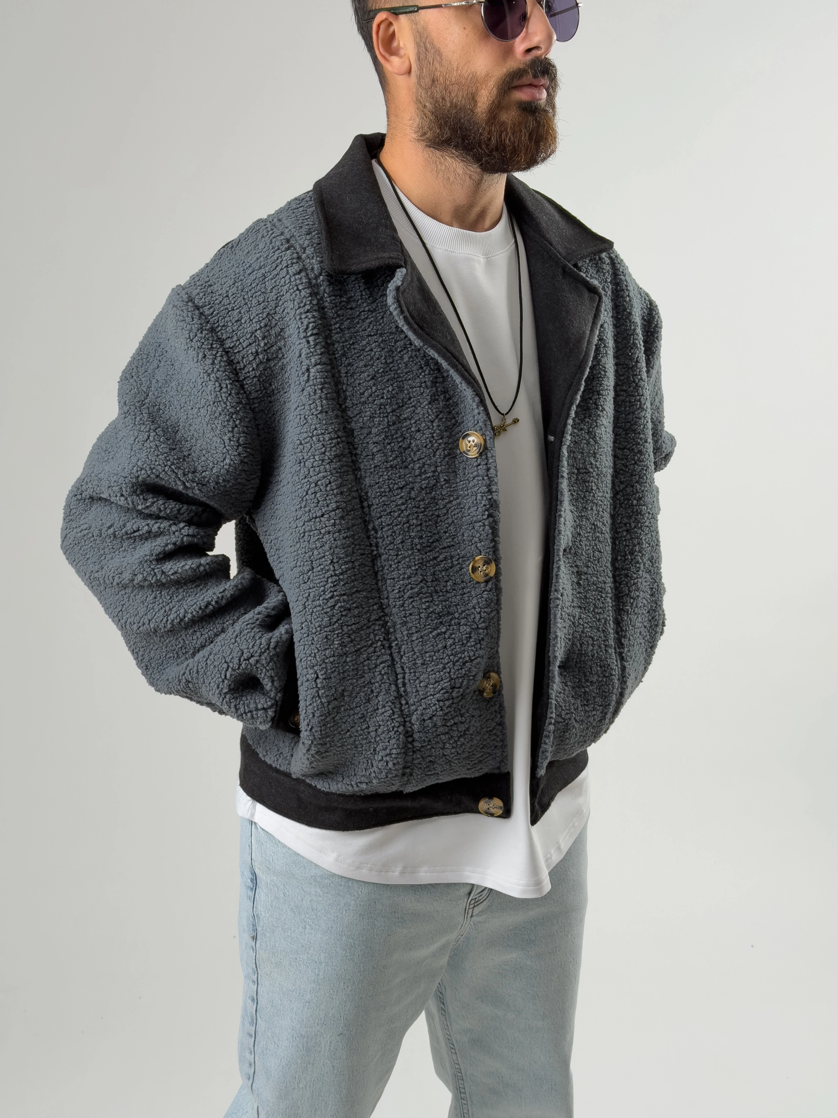 Erkek Kaşe Detaylı İndigo Peluş Hırka COC2577